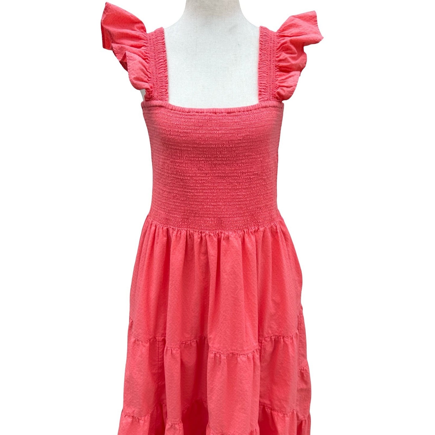 Lands End Pink Smocked Tiered Midi Dress Milkmaid Ruffle Straps Cotton Womens L