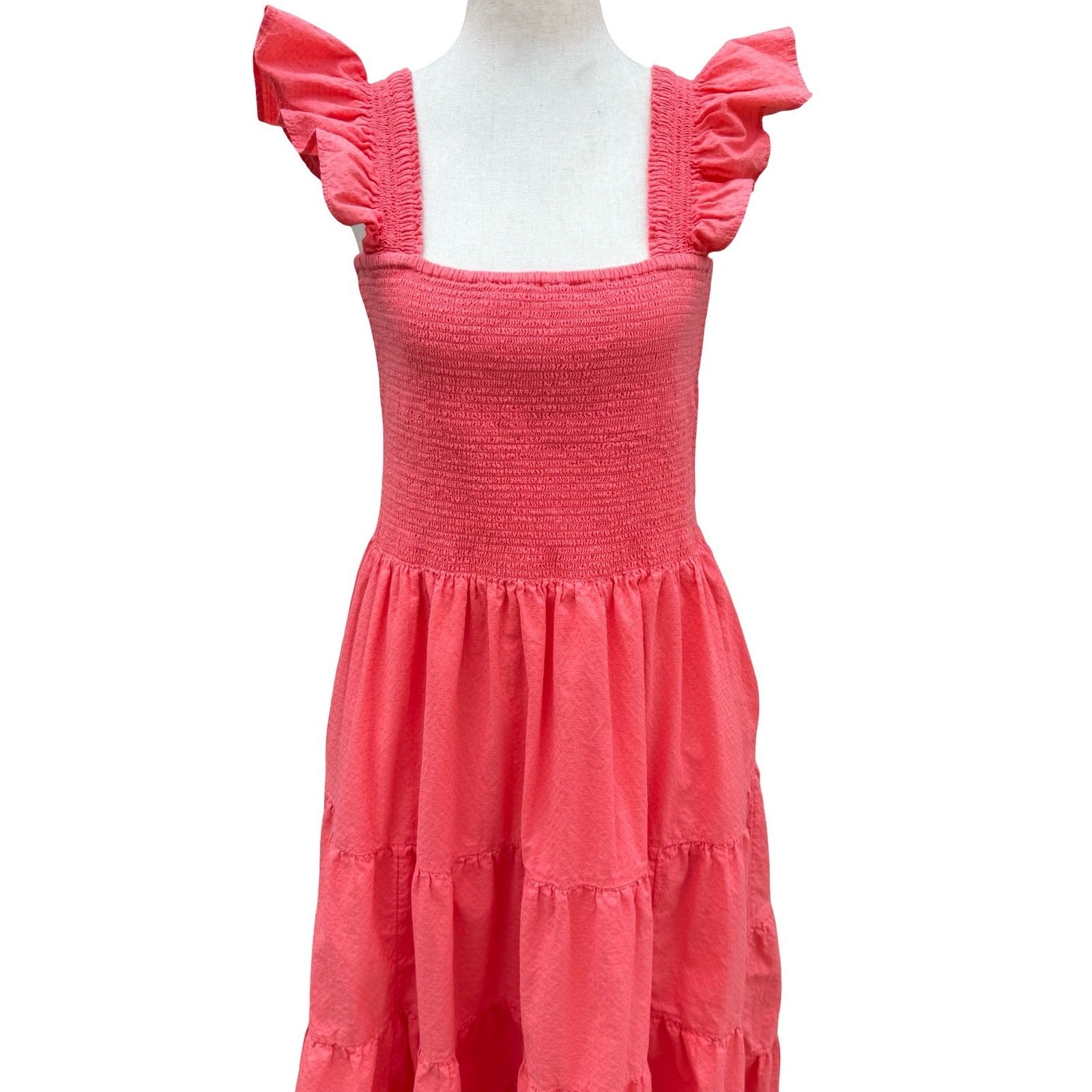 Lands End Pink Smocked Tiered Midi Dress Milkmaid Ruffle Straps Cotton Womens L