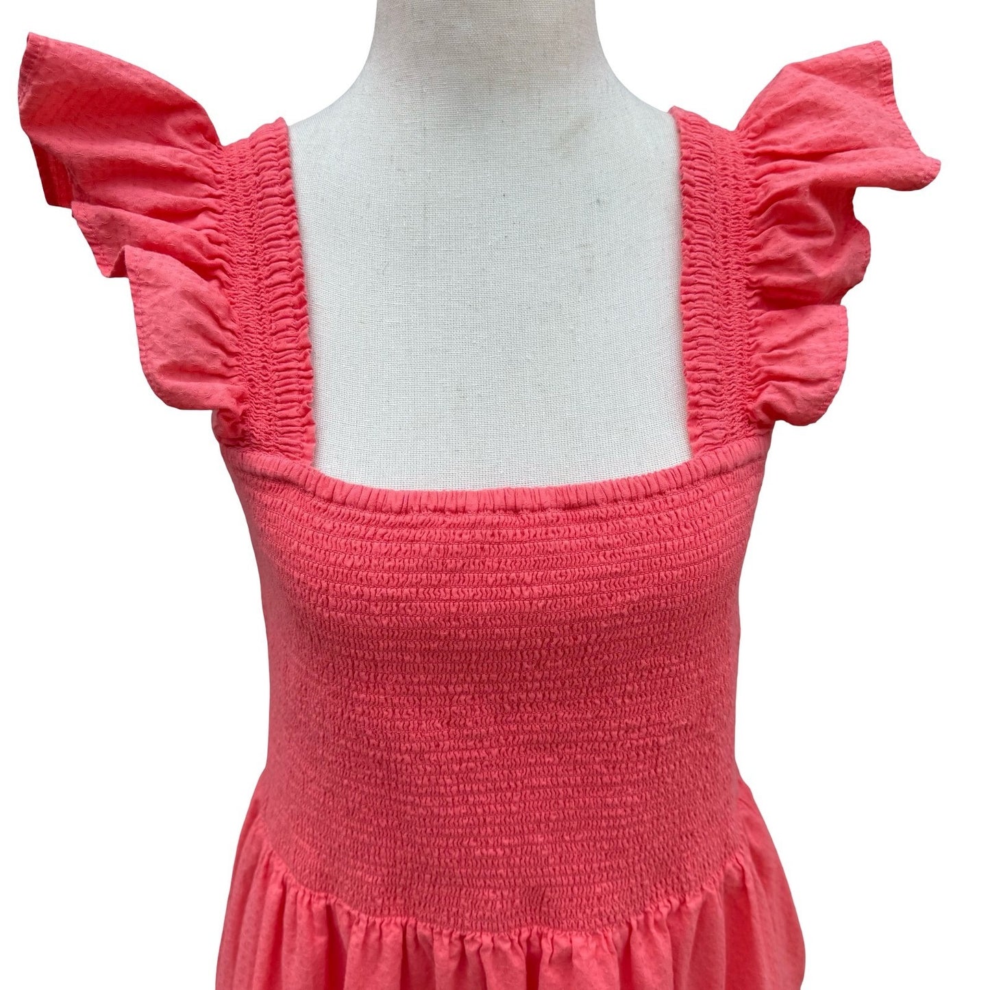Lands End Pink Smocked Tiered Midi Dress Milkmaid Ruffle Straps Cotton Womens L