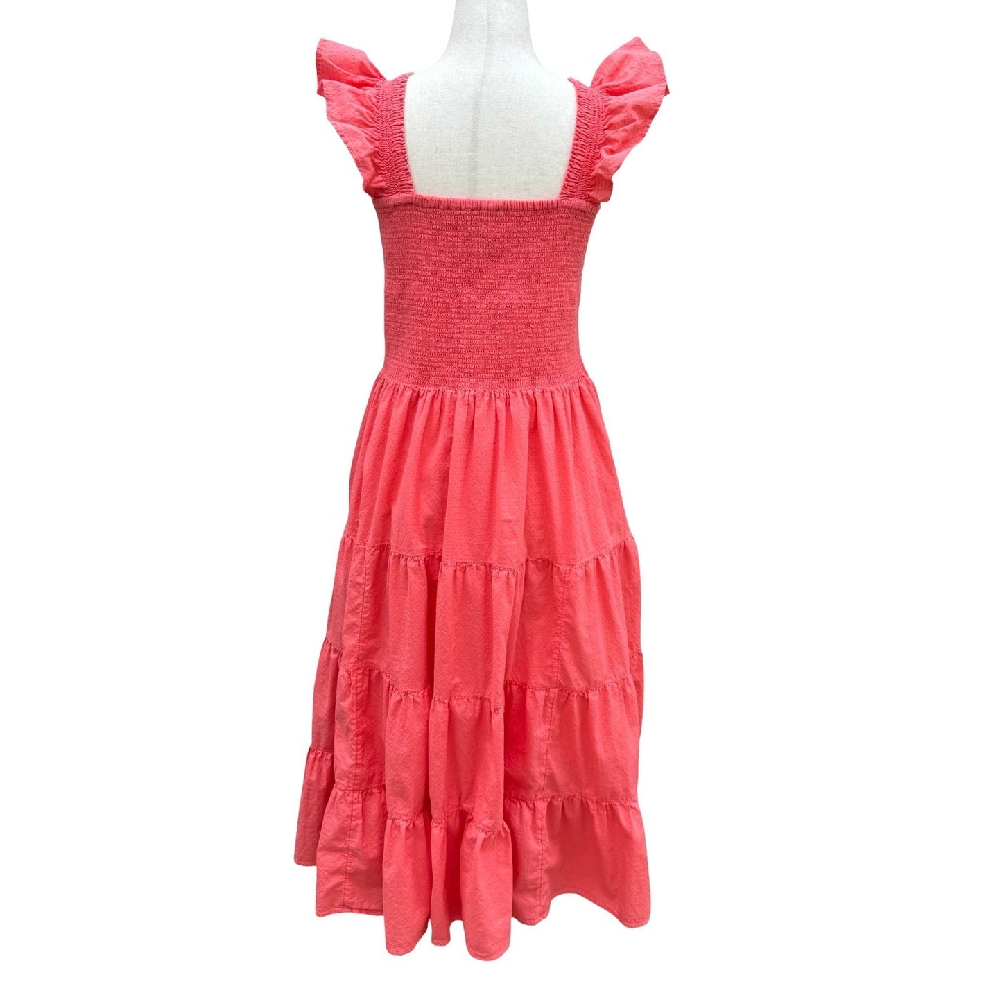 Lands End Pink Smocked Tiered Midi Dress Milkmaid Ruffle Straps Cotton Womens L