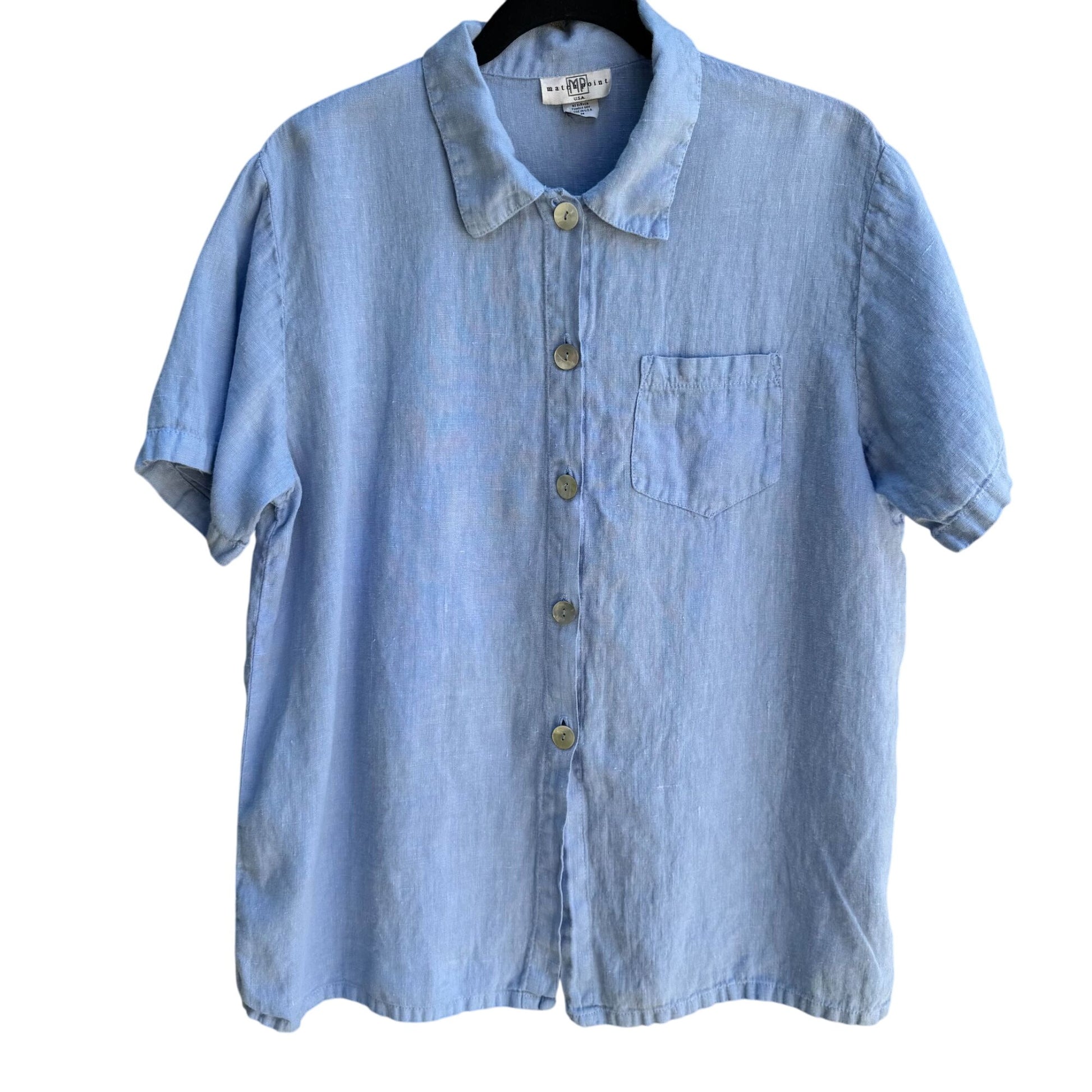 Match Point Vintage Womens Light Blue Linen Shell Buttons Short Sleeve Shirt M