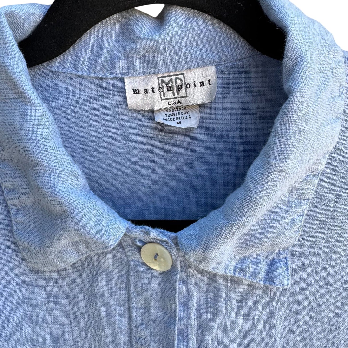 Match Point Vintage Womens Light Blue Linen Shell Buttons Short Sleeve Shirt M