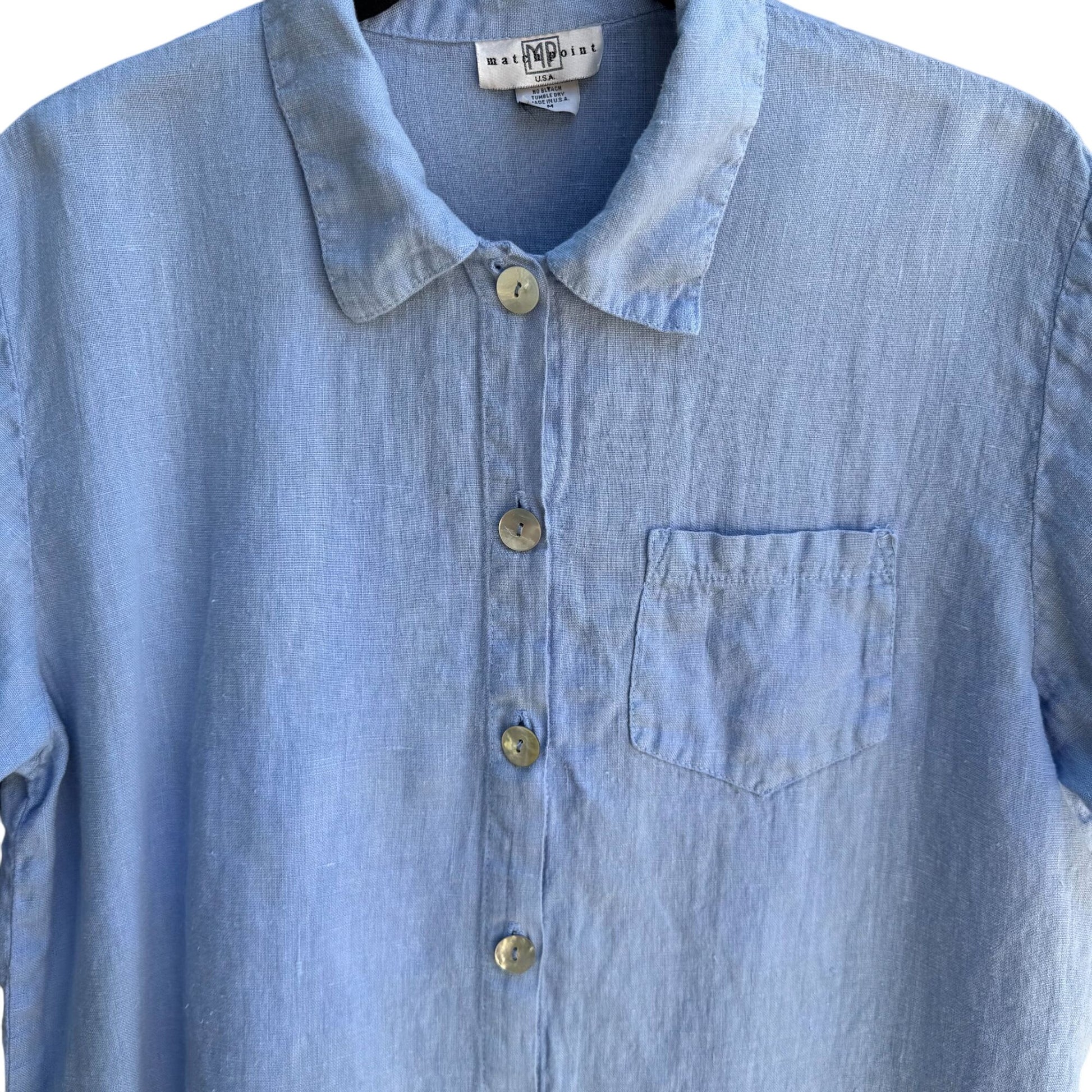 Match Point Vintage Womens Light Blue Linen Shell Buttons Short Sleeve Shirt M