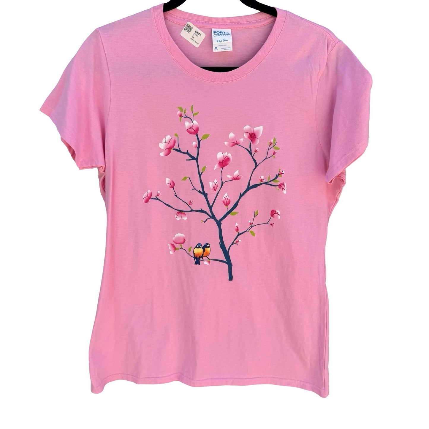 Port & Company Pink Cherry Blossom Sakura Bird Graphic T-Shirt Ladies Med NEW