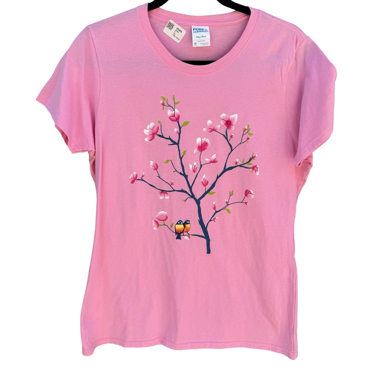 Port & Company Pink Cherry Blossom Sakura Bird Graphic T-Shirt Ladies Med NEW