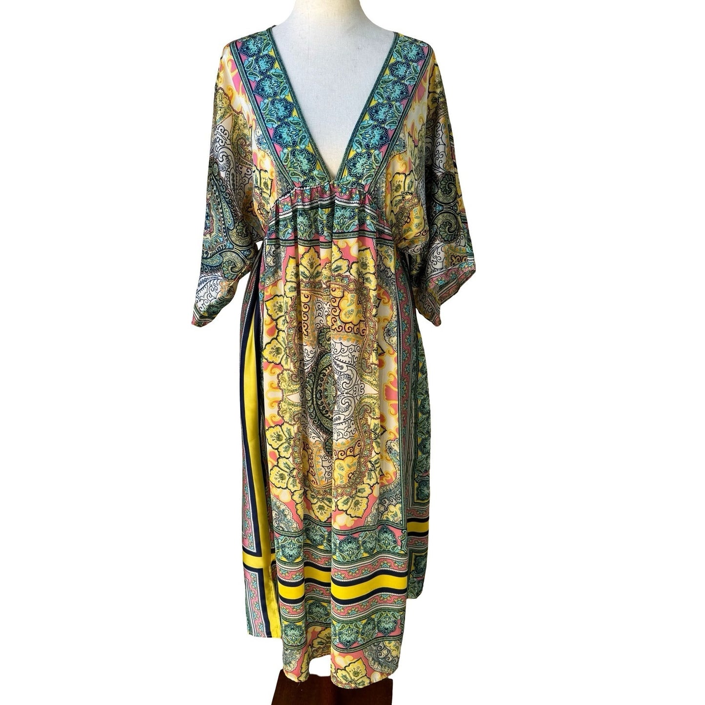 Sundance Boho Resortwear Hippie Festival Paisley Kaftan Kimono Midi Dress Teal M