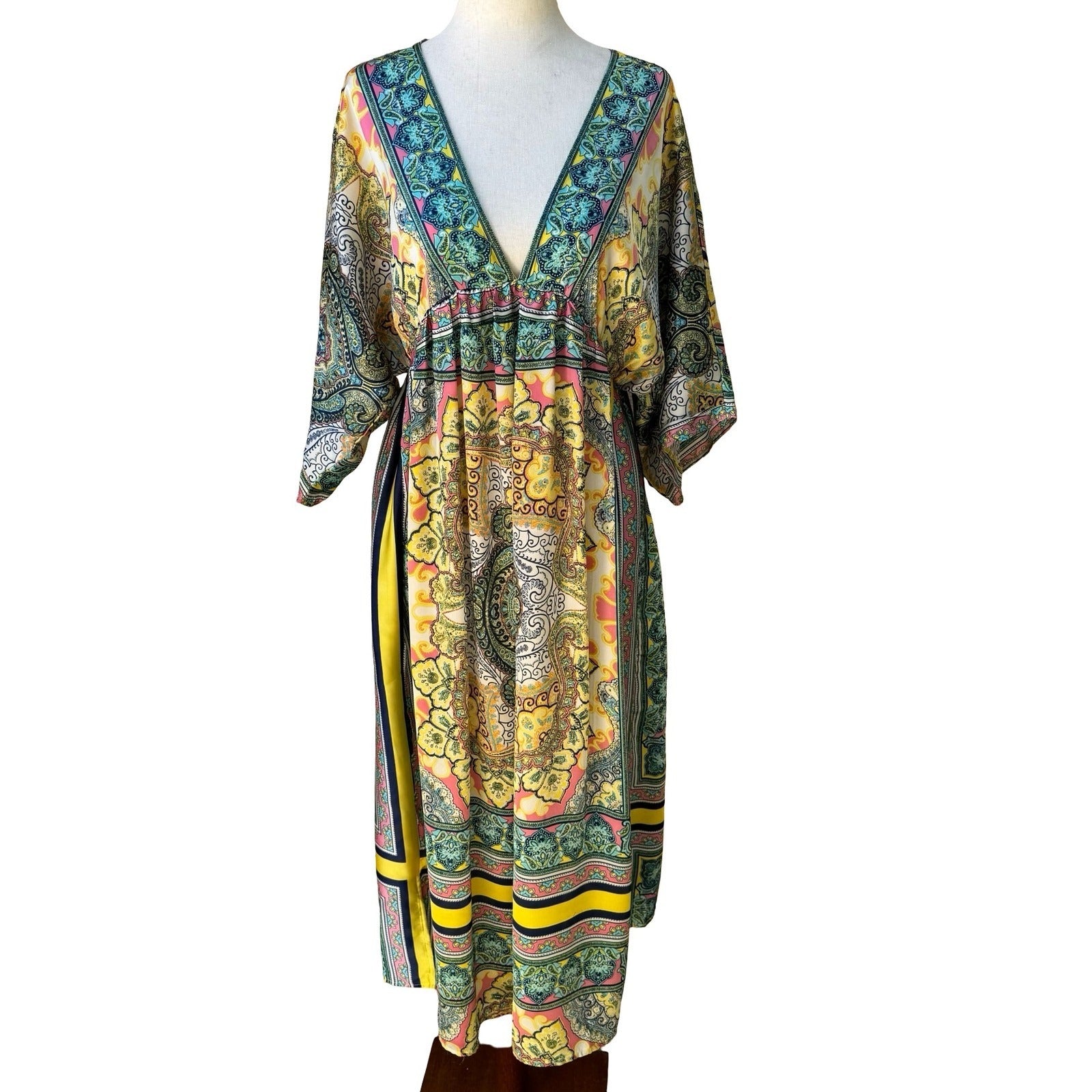 Sundance Boho Resortwear Hippie Festival Paisley Kaftan Kimono Midi Dress Teal M