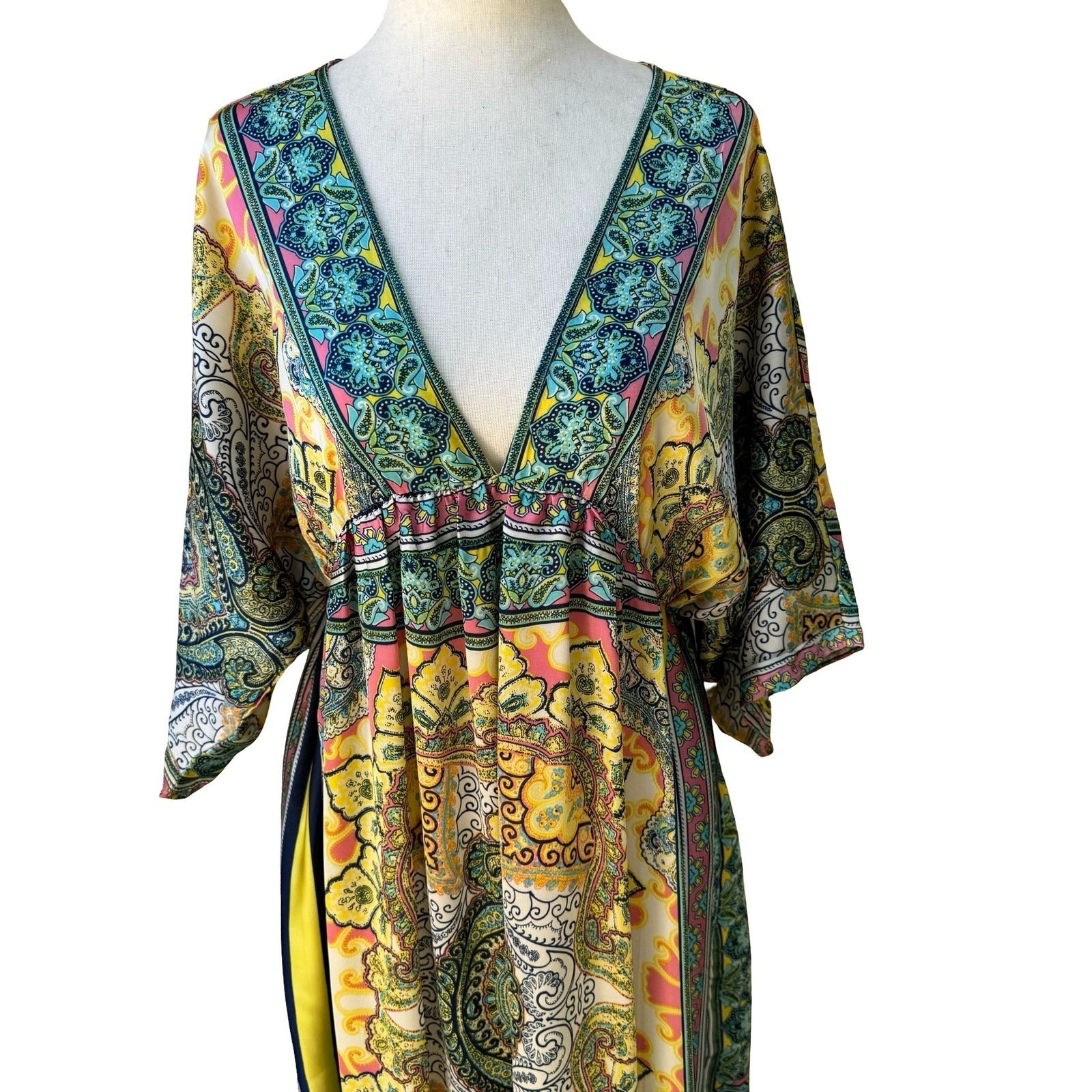Sundance Boho Resortwear Hippie Festival Paisley Kaftan Kimono Midi Dress Teal M