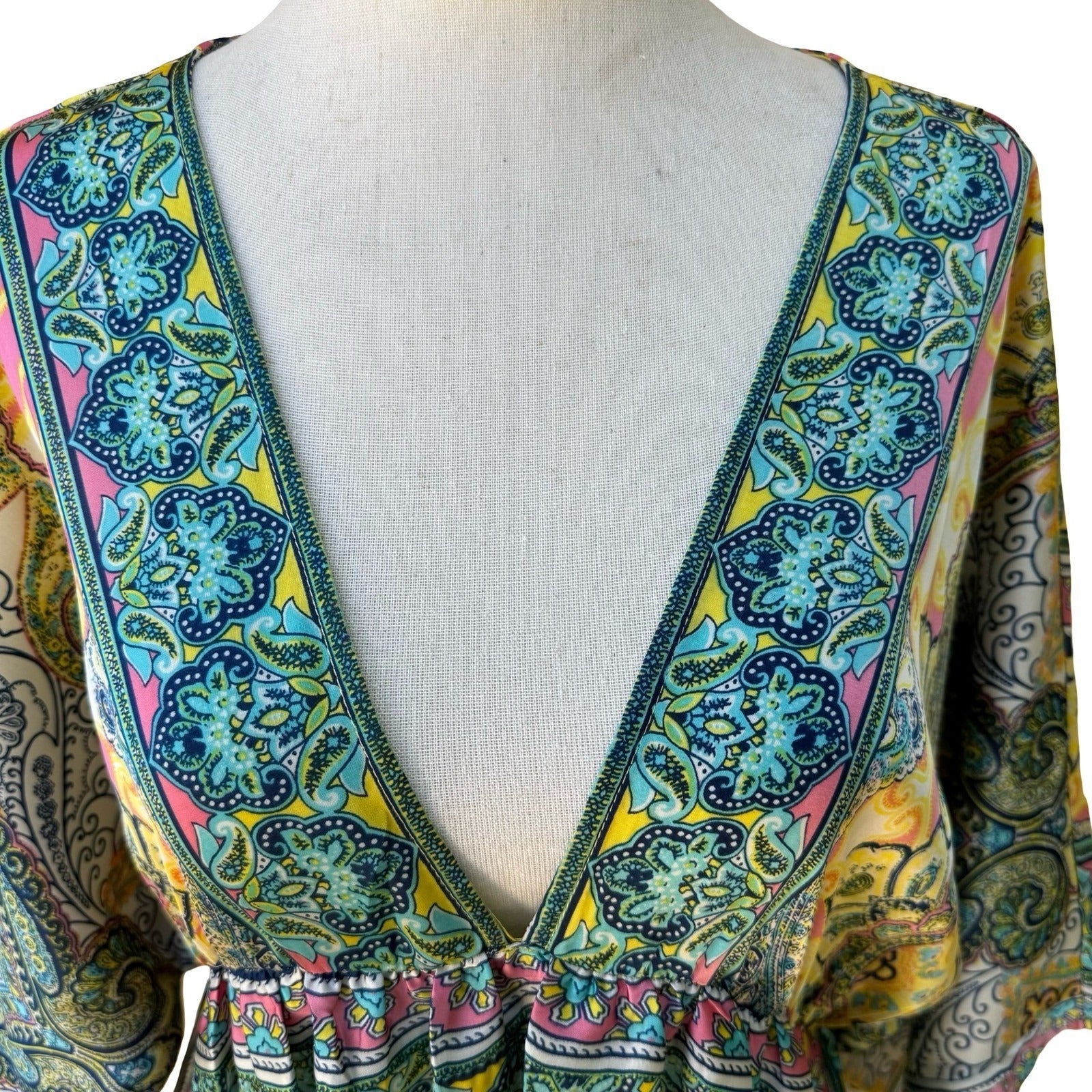 Sundance Boho Resortwear Hippie Festival Paisley Kaftan Kimono Midi Dress Teal M