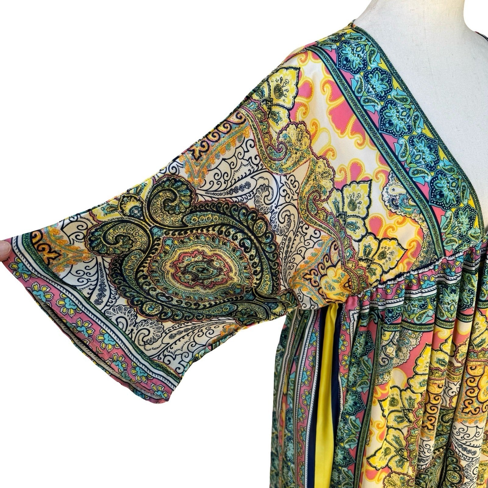 Sundance Boho Resortwear Hippie Festival Paisley Kaftan Kimono Midi Dress Teal M