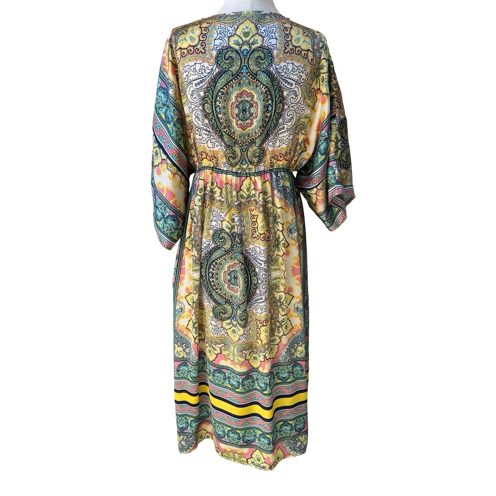 Sundance Boho Resortwear Hippie Festival Paisley Kaftan Kimono Midi Dress Teal M