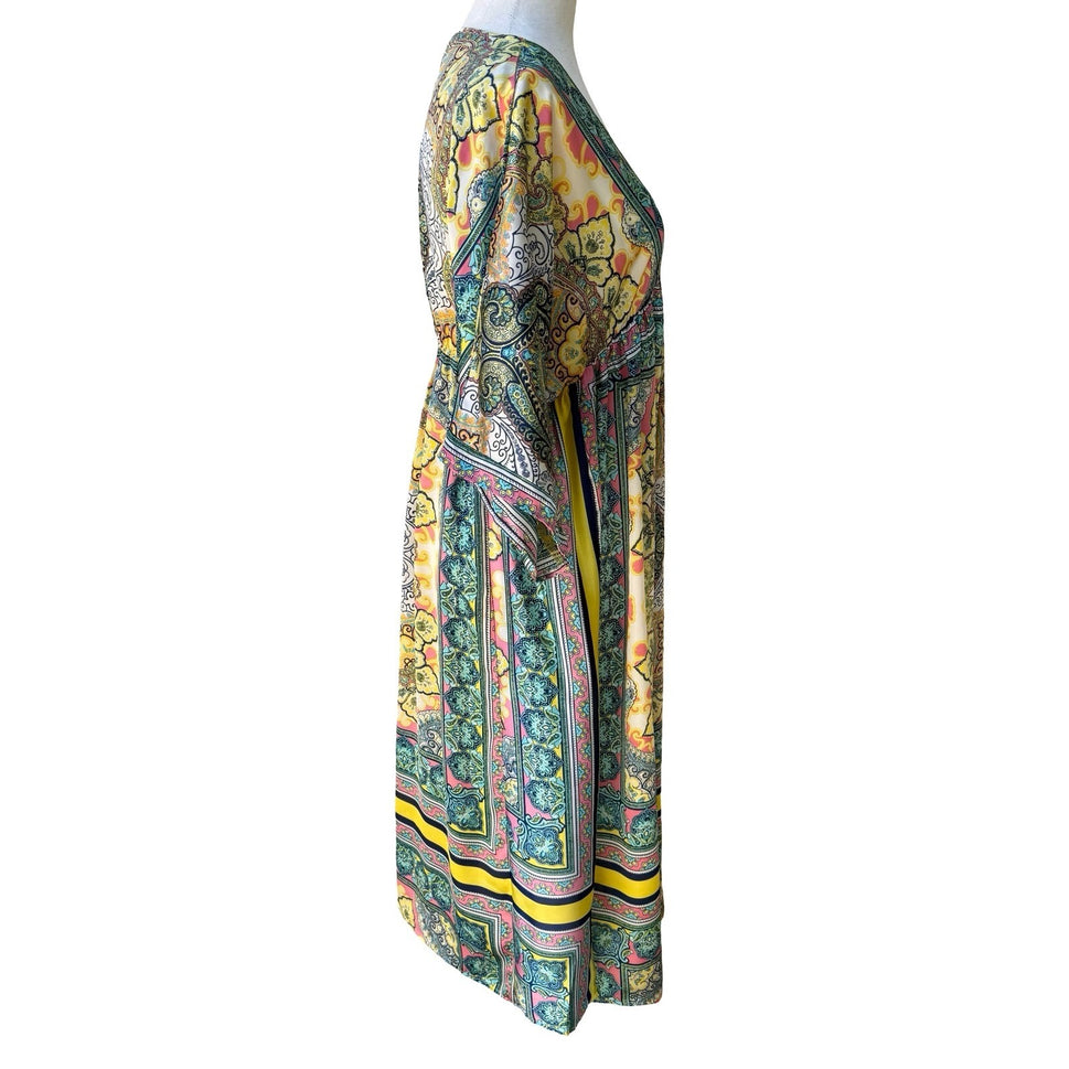 Sundance Boho Resortwear Hippie Festival Paisley Kaftan Kimono Midi Dress Teal M