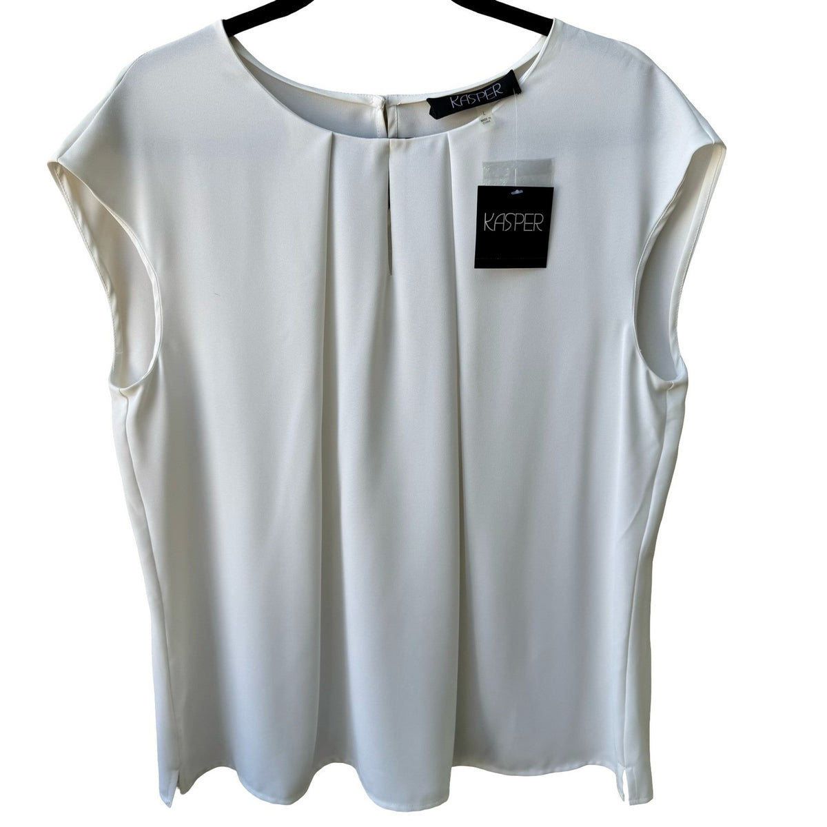Kasper Minimalist Professional Pleated Keyhole Sleeveless Blouse White L NEW
