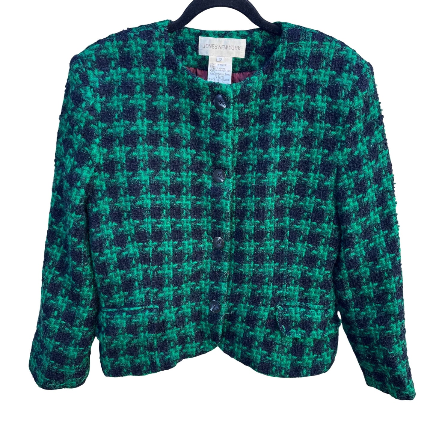 Jones New York Vintage Womens Green Black Houndstooth Boucle Tweed Wool Jacket 12