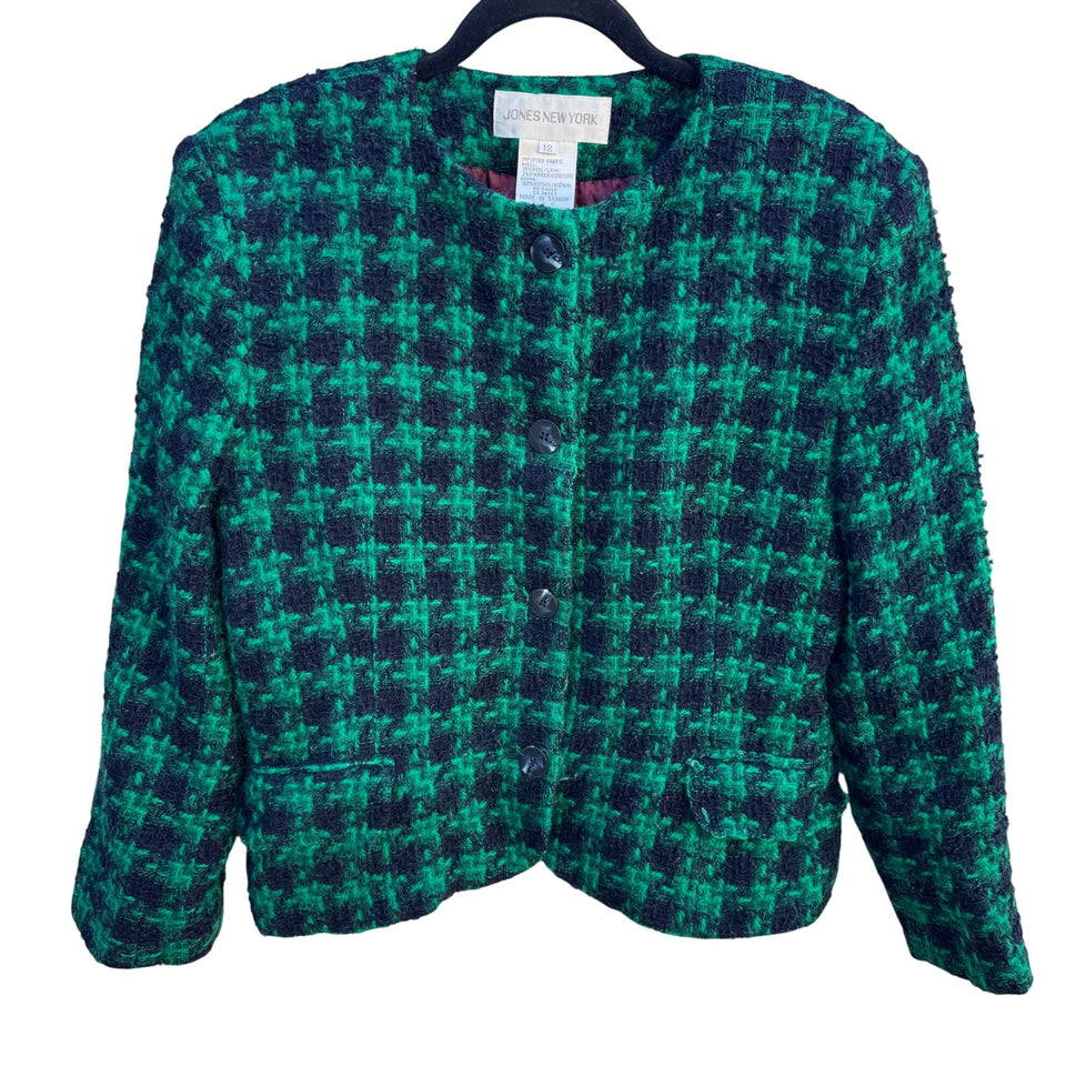 Jones New York Vintage Womens Green Black Houndstooth Boucle Tweed Wool Jacket 12