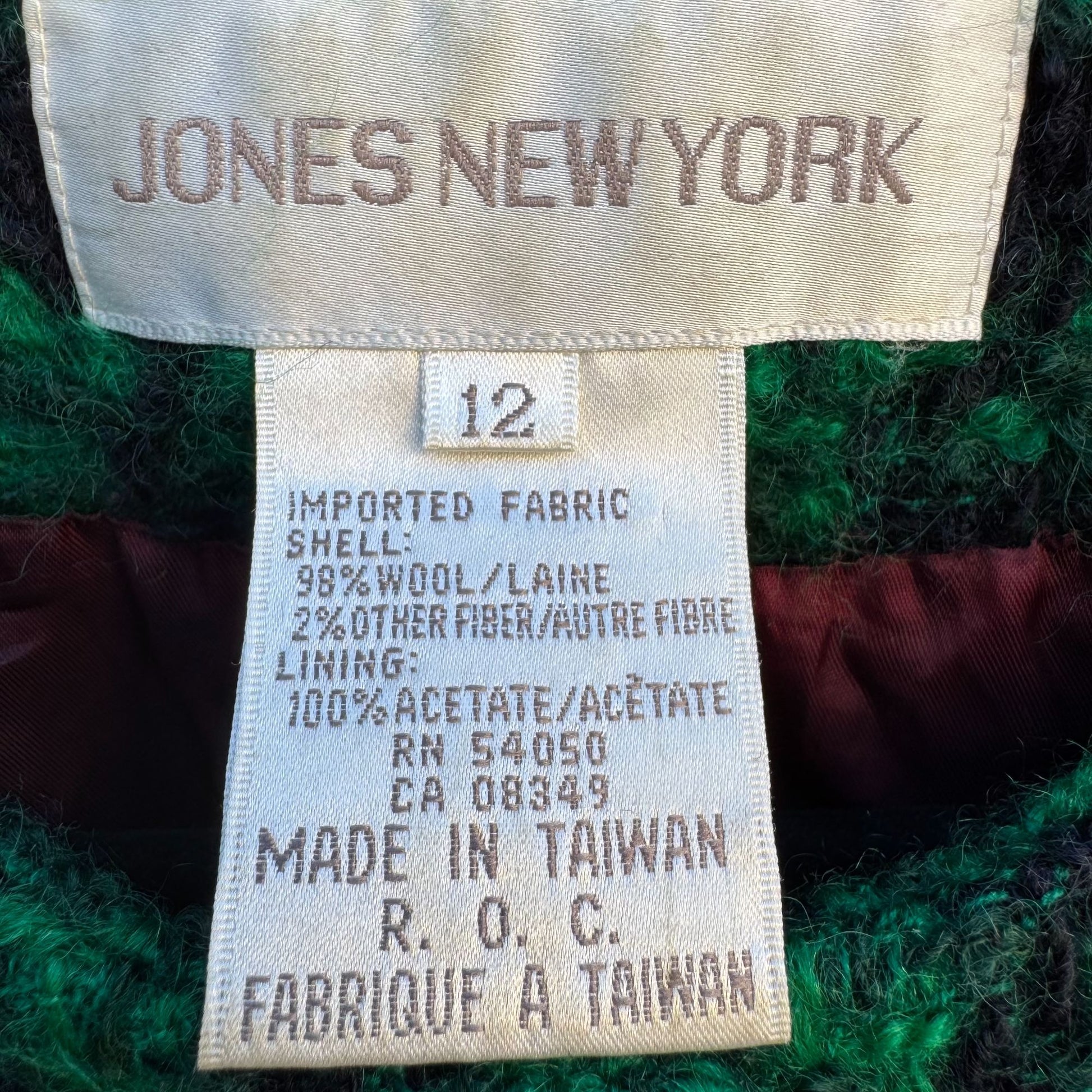 Jones New York Vintage Womens Green Black Houndstooth Boucle Tweed Wool Jacket 12