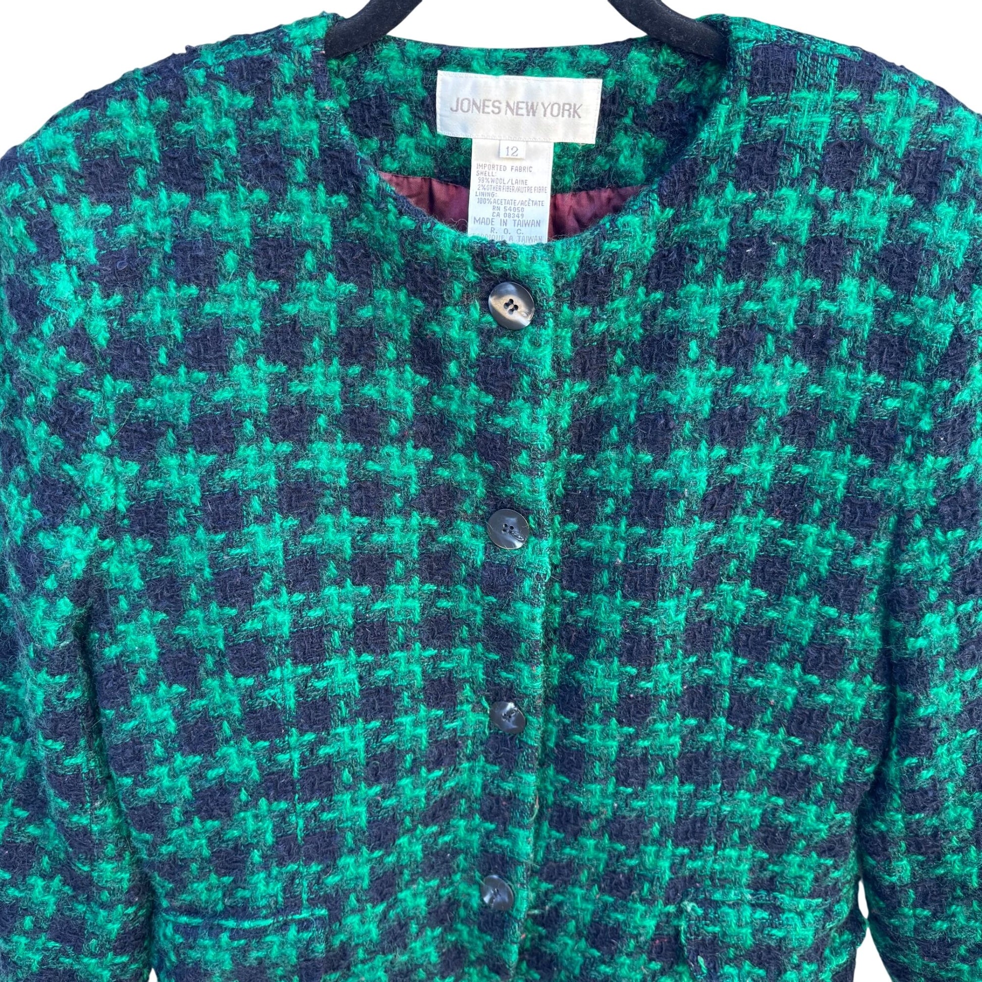 Jones New York Vintage Womens Green Black Houndstooth Boucle Tweed Wool Jacket 12