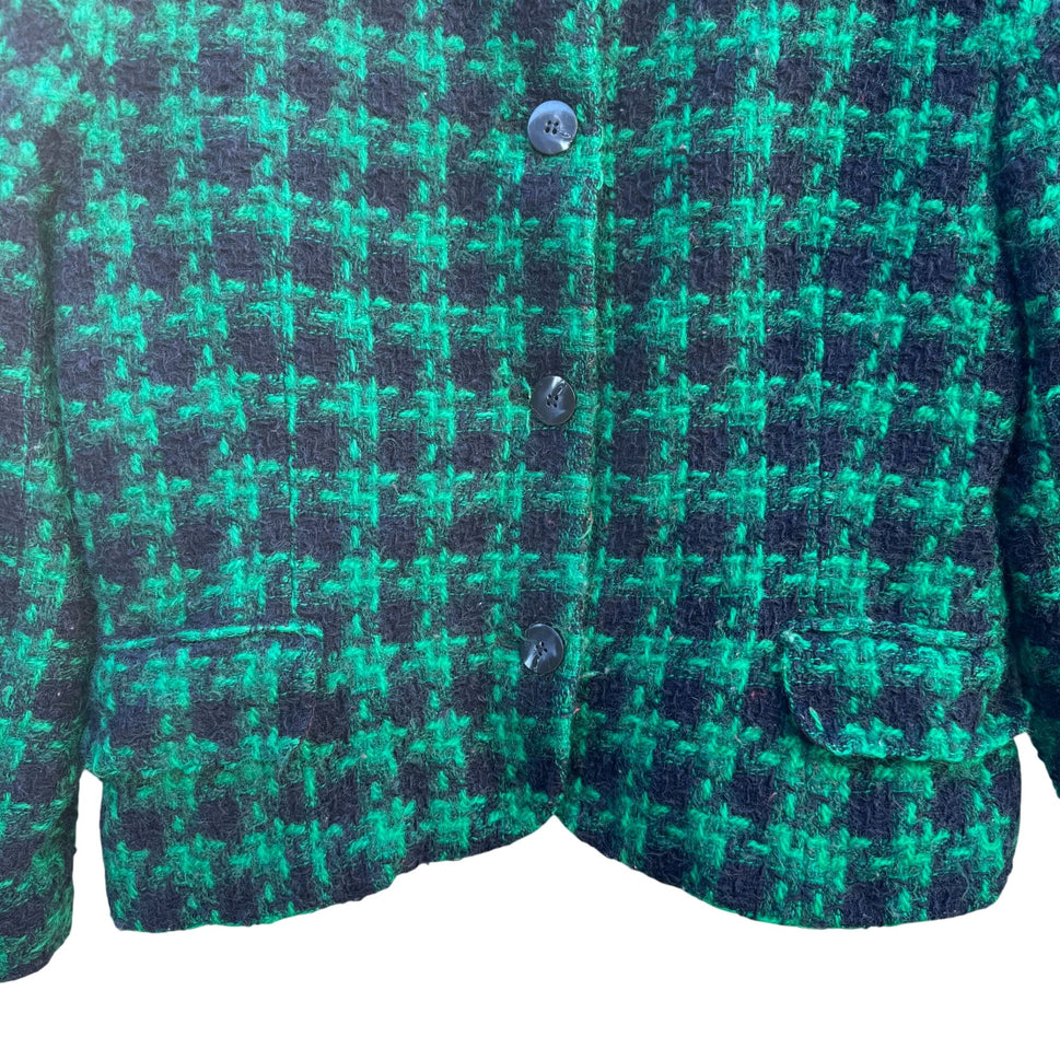 Jones New York Vintage Womens Green Black Houndstooth Boucle Tweed Wool Jacket 12