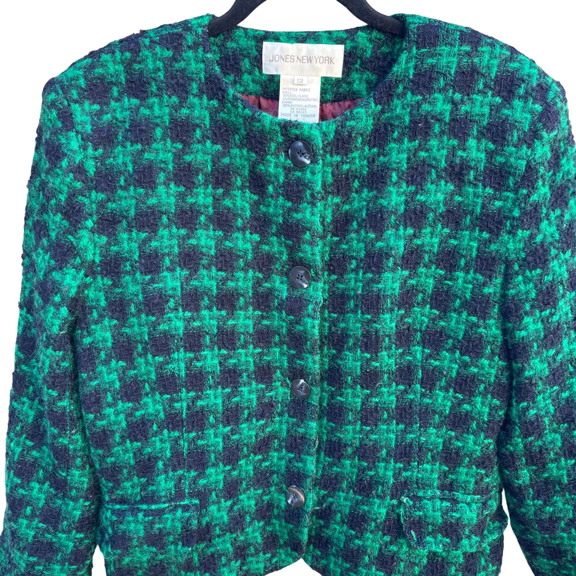 Jones New York Vintage Womens Green Black Houndstooth Boucle Tweed Wool Jacket 12