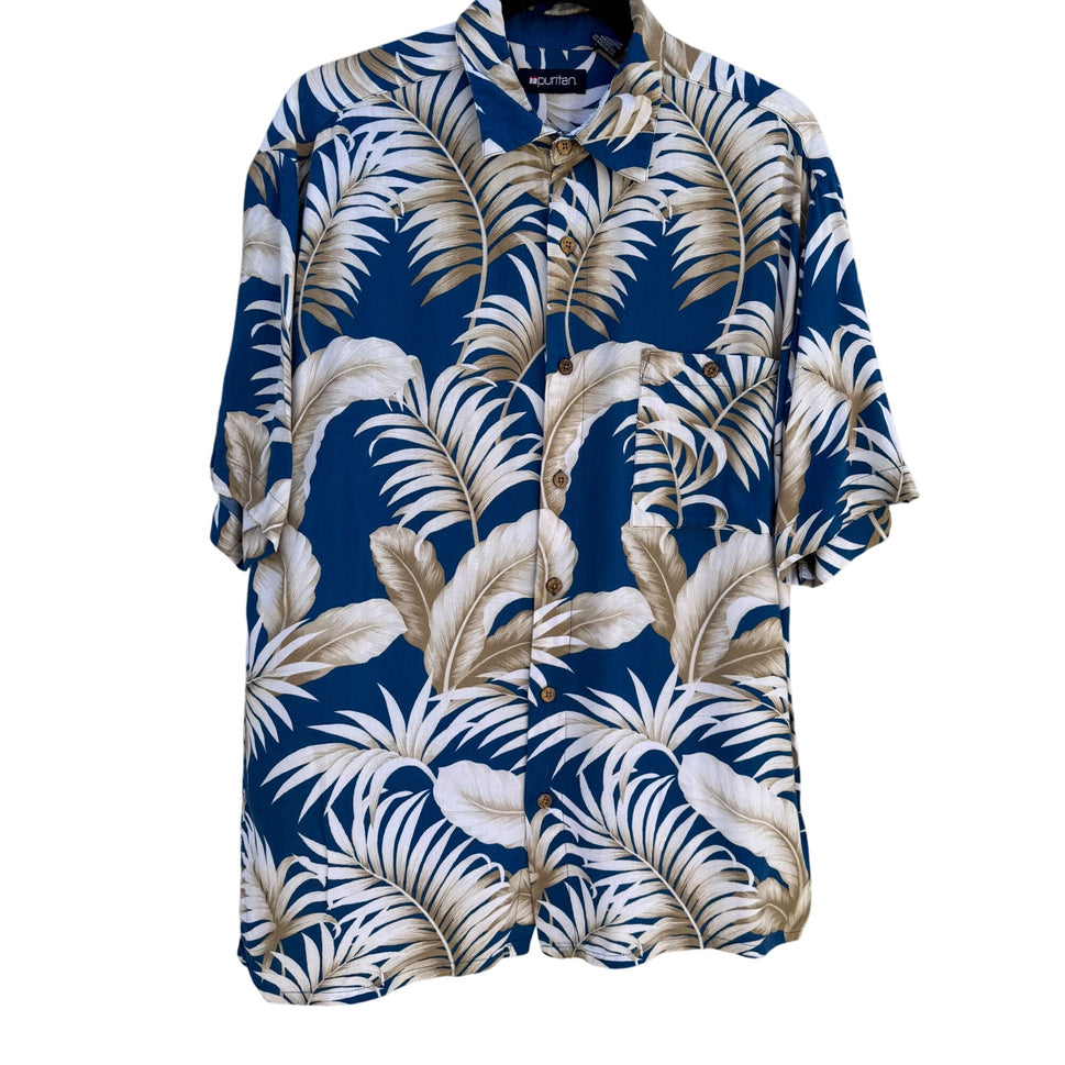 Puritan Vintage Mens Hawaiian Button-Up Blue Beige Palm Leaf Print Summer Shirt