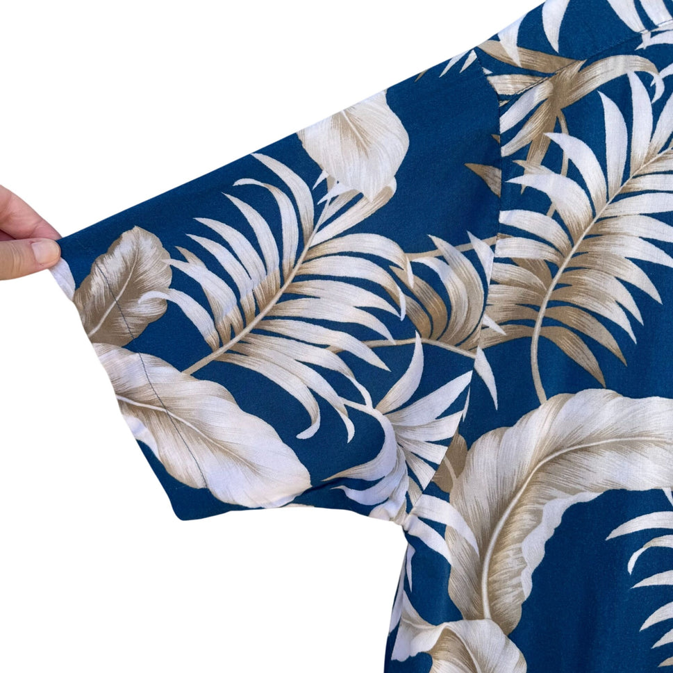 Puritan Vintage Mens Hawaiian Button-Up Blue Beige Palm Leaf Print Summer Shirt