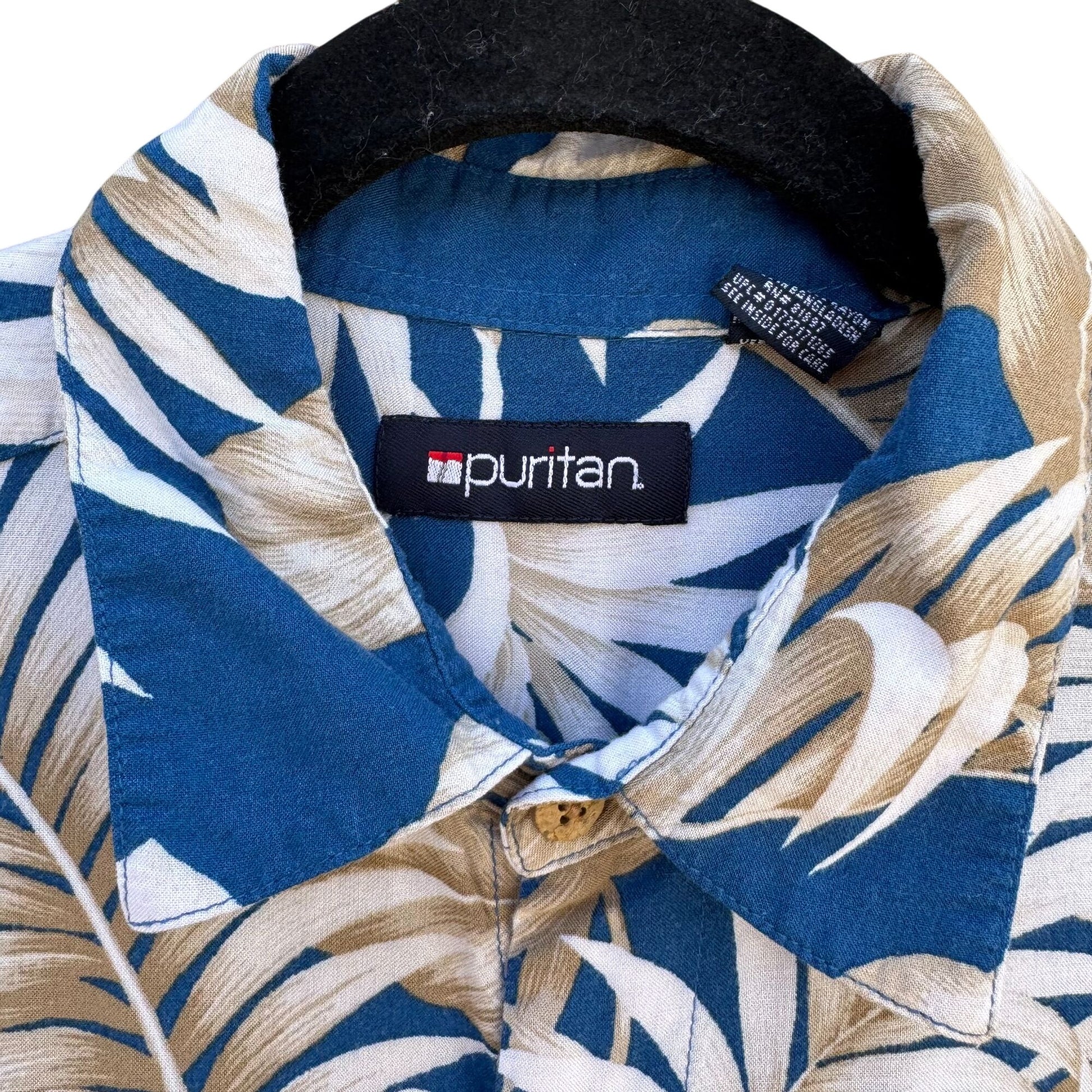 Puritan Vintage Mens Hawaiian Button-Up Blue Beige Palm Leaf Print Summer Shirt