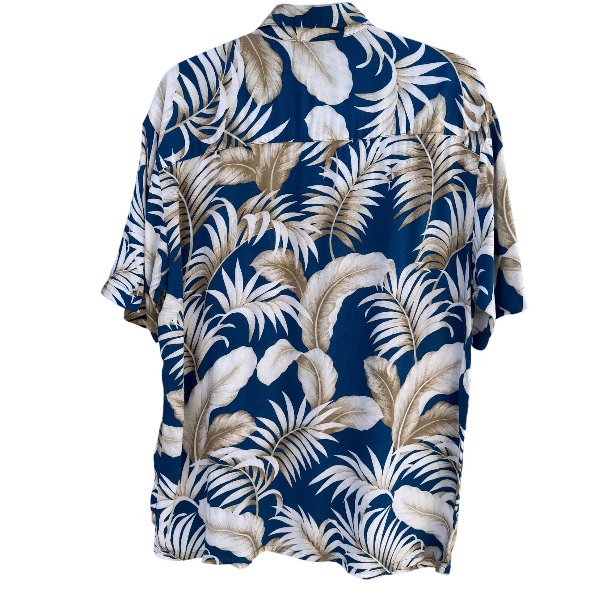 Puritan Vintage Mens Hawaiian Button-Up Blue Beige Palm Leaf Print Summer Shirt