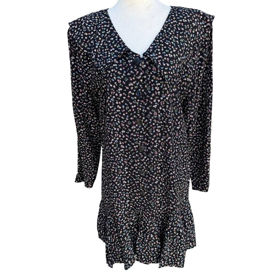 Rampage Vintage Black Ditsy Floral Drop Waist Mini Dress 90s Goth Grunge Size 11