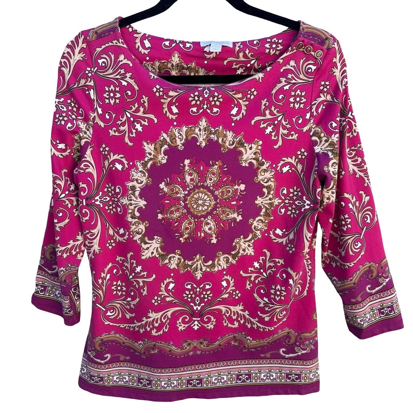 Charter Club Womens Pink Medallion Print Boat Neck 3/4 Sleeve Top Size M