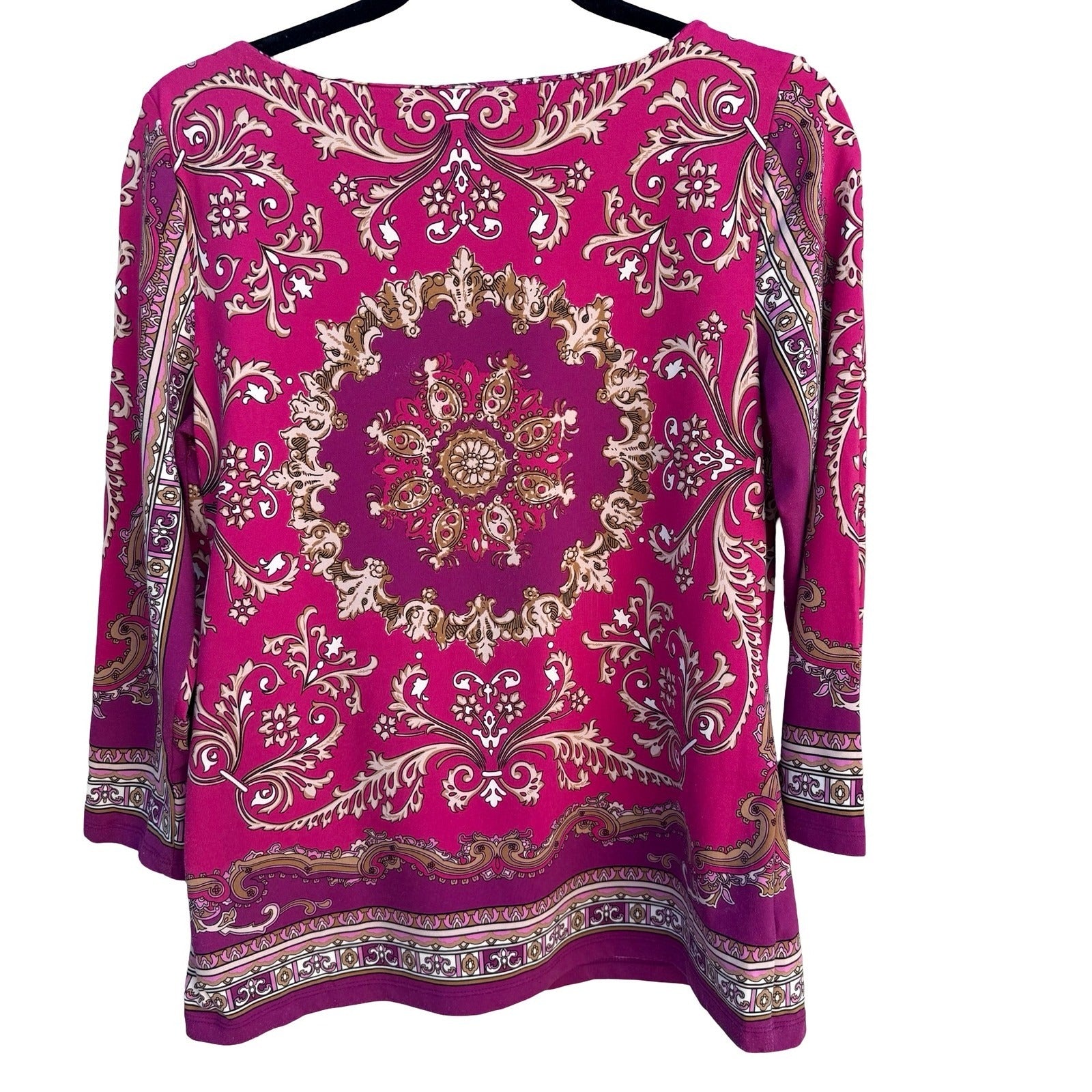 Charter Club Womens Pink Medallion Print Boat Neck 3/4 Sleeve Top Size M