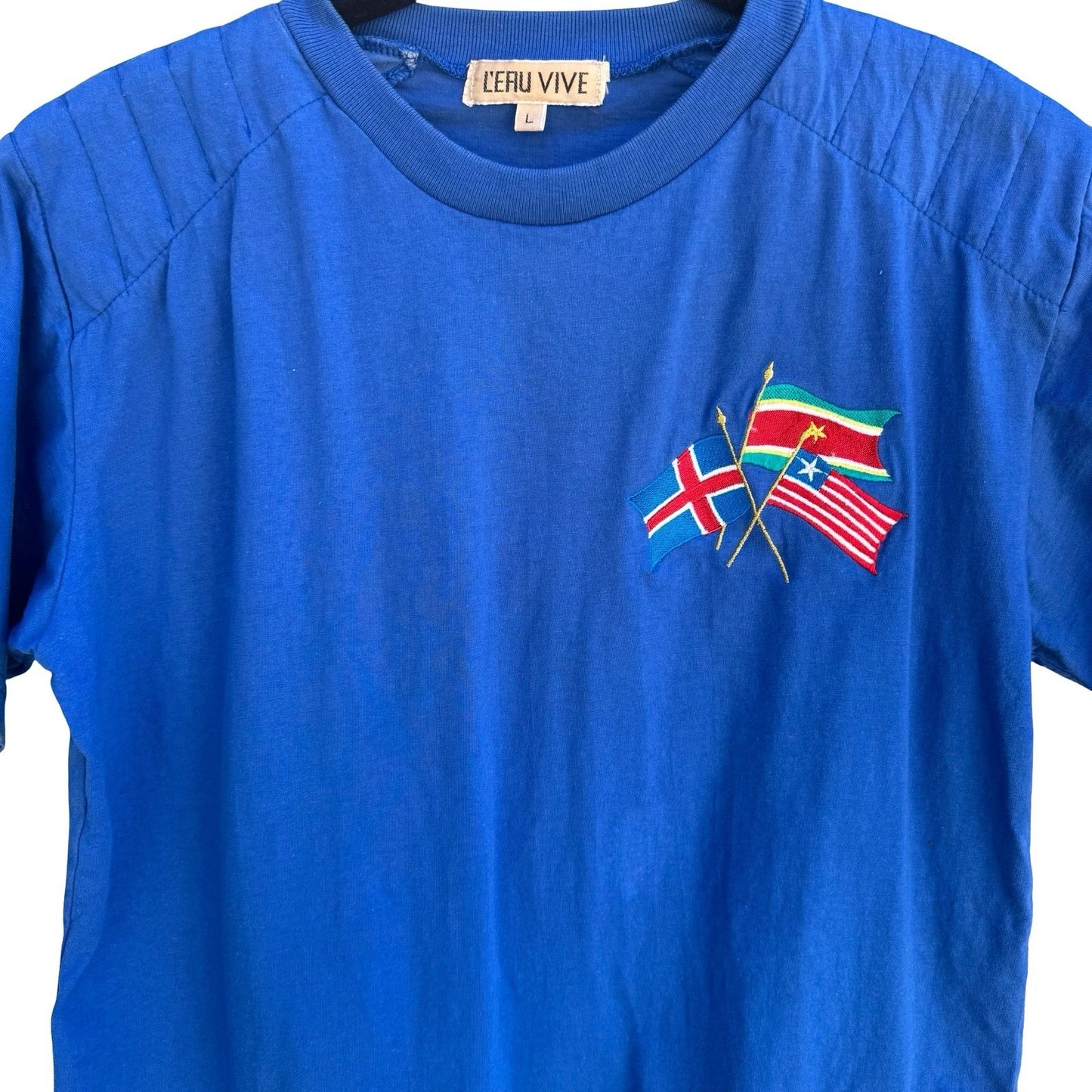 L'eau Vive Vintage 90s Iceland Flag Embroidery Shirt Quilted Shoulder Blue Men L
