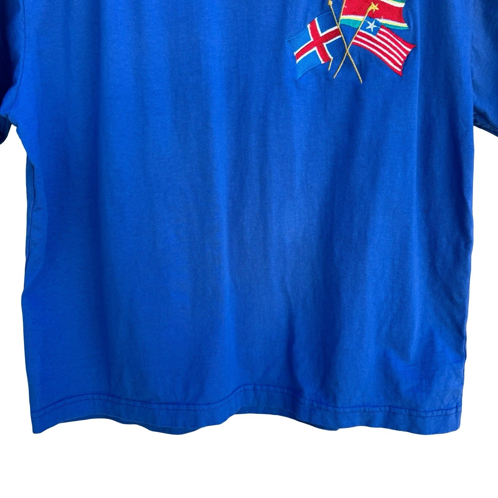 L'eau Vive Vintage 90s Iceland Flag Embroidery Shirt Quilted Shoulder Blue Men L