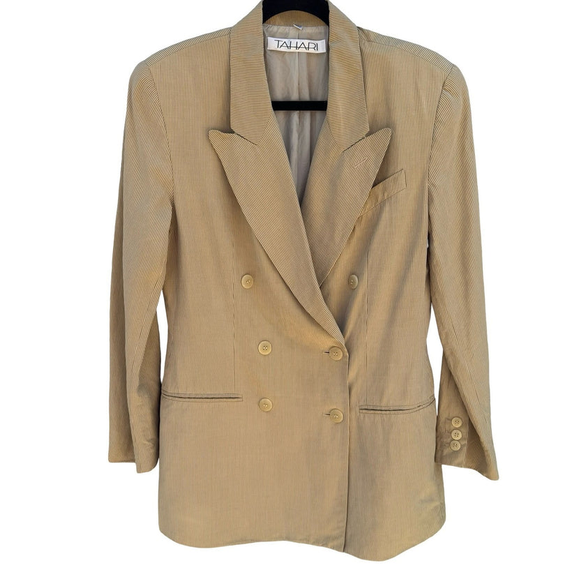 Tahari Vintage Tan Pinstripe Linen Silk Double Breasted Blazer Jacket Size 8