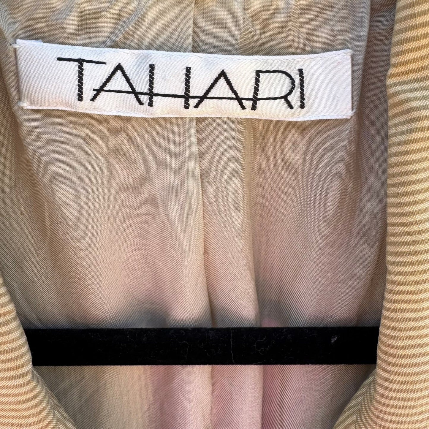 Tahari Vintage Tan Pinstripe Linen Silk Double Breasted Blazer Jacket Size 8