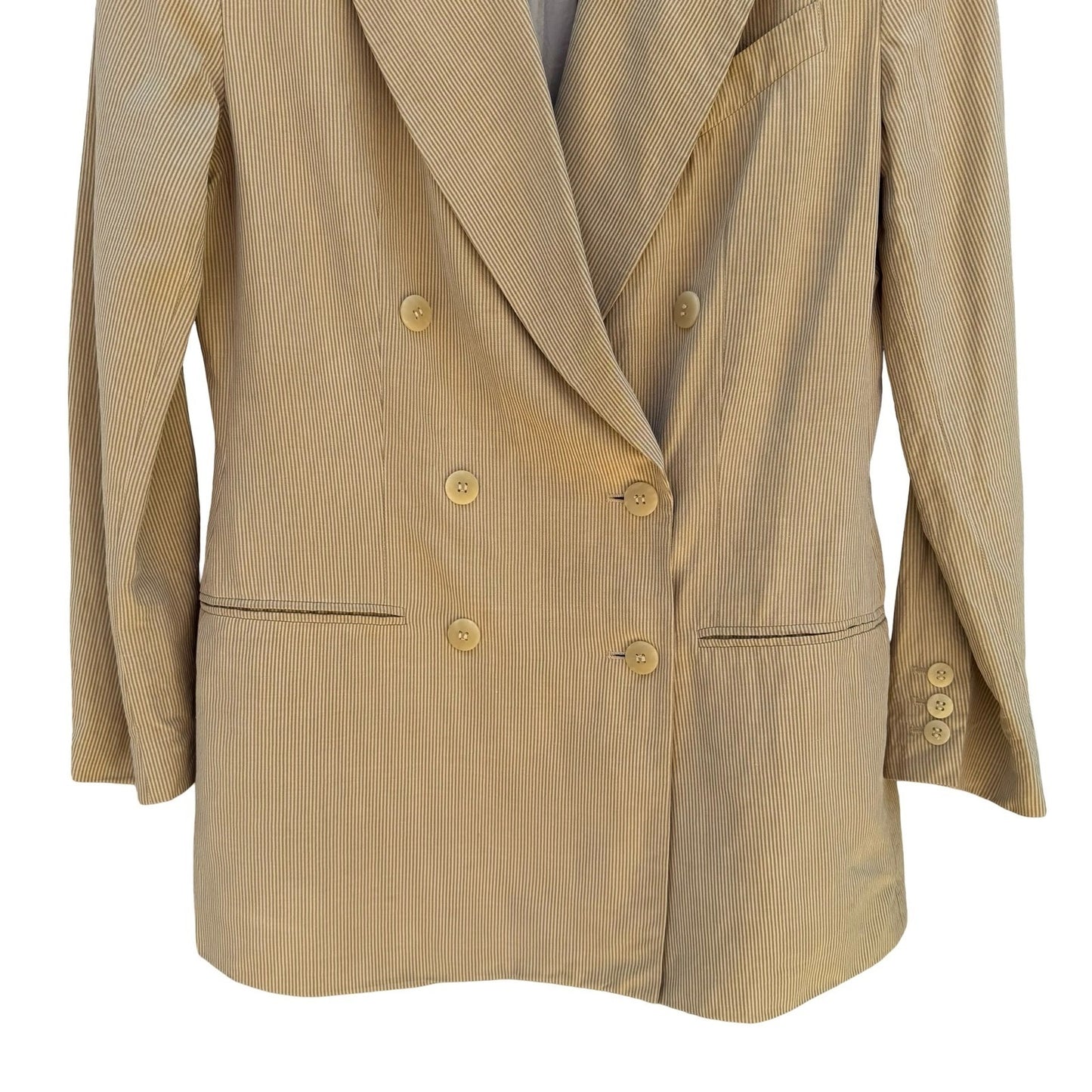 Tahari Vintage Tan Pinstripe Linen Silk Double Breasted Blazer Jacket Size 8