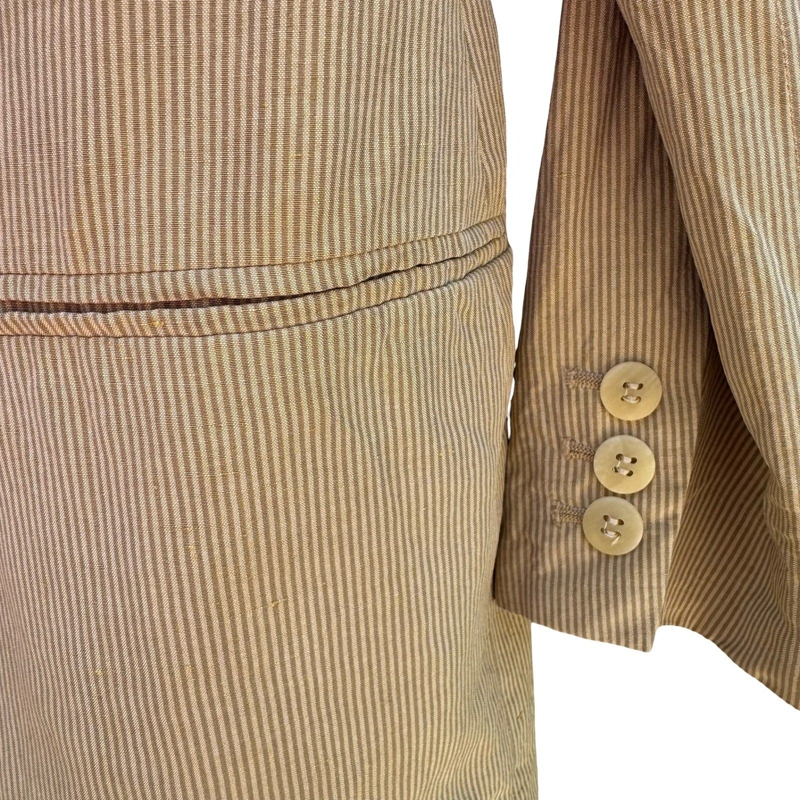Tahari Vintage Tan Pinstripe Linen Silk Double Breasted Blazer Jacket Size 8