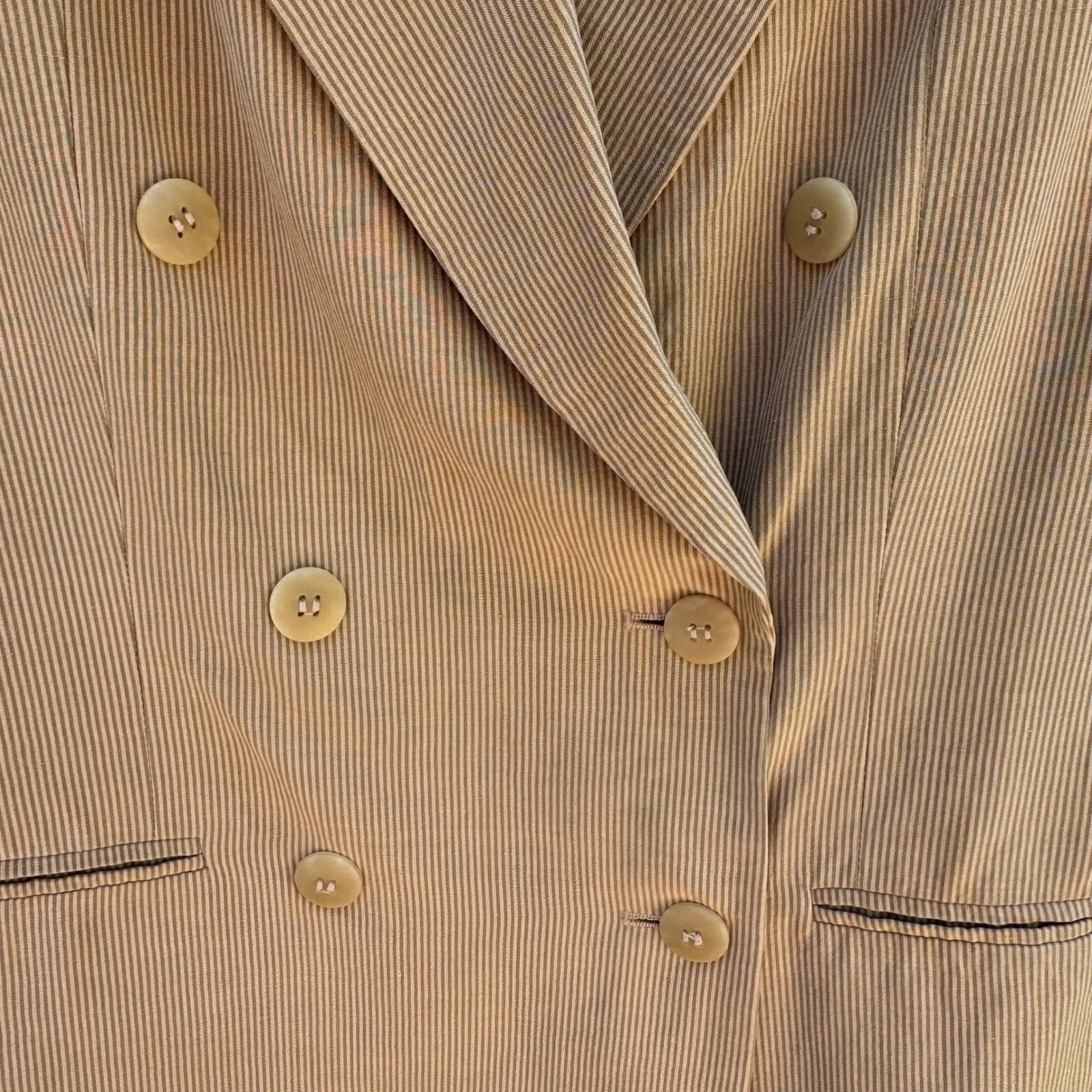 Tahari Vintage Tan Pinstripe Linen Silk Double Breasted Blazer Jacket Size 8