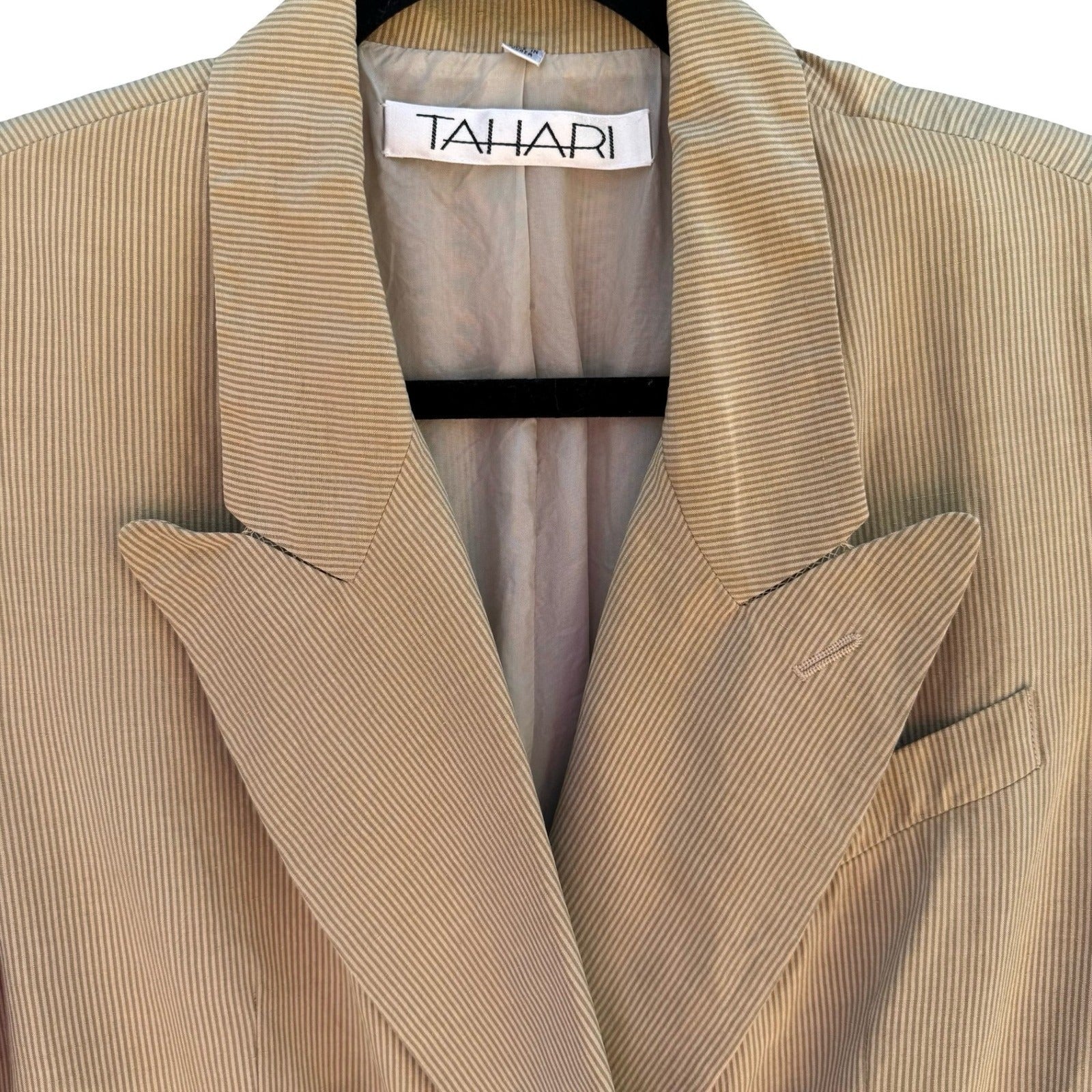 Tahari Vintage Tan Pinstripe Linen Silk Double Breasted Blazer Jacket Size 8