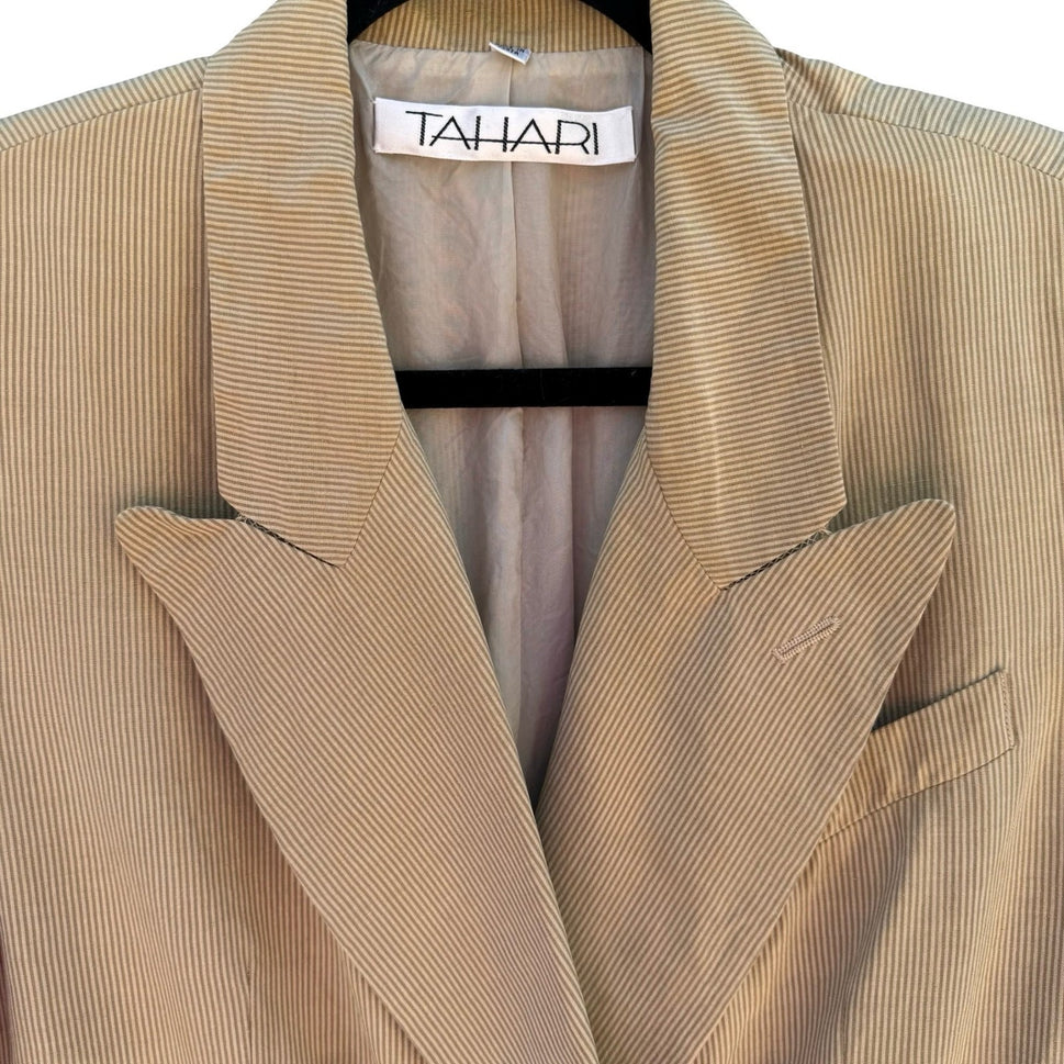 Tahari Vintage Tan Pinstripe Linen Silk Double Breasted Blazer Jacket Size 8