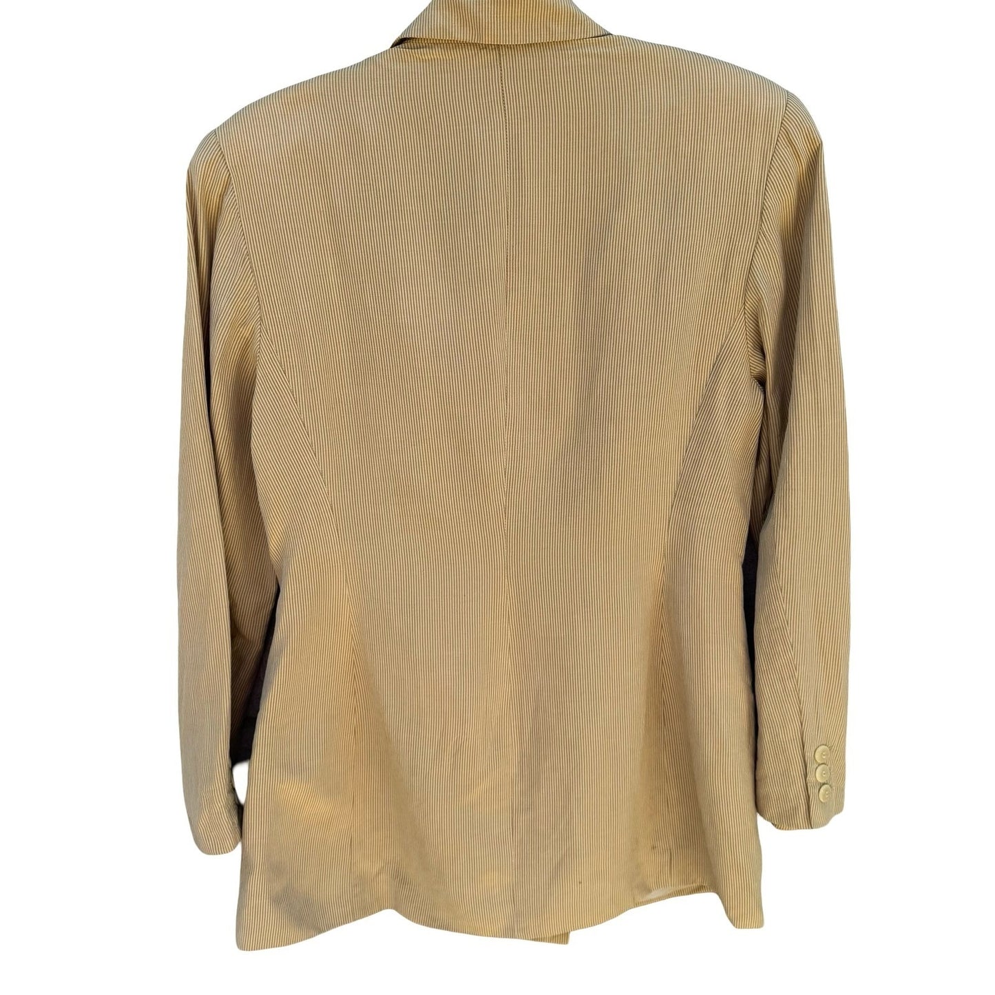Tahari Vintage Tan Pinstripe Linen Silk Double Breasted Blazer Jacket Size 8