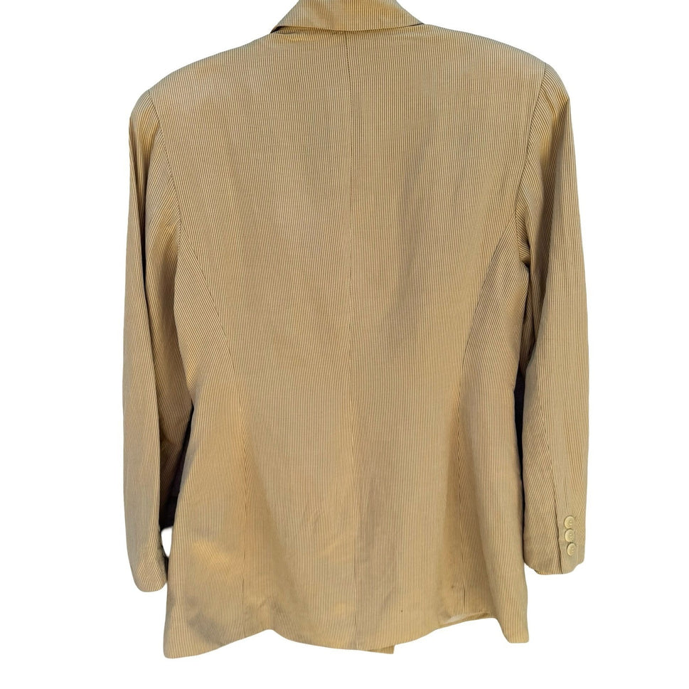 Tahari Vintage Tan Pinstripe Linen Silk Double Breasted Blazer Jacket Size 8