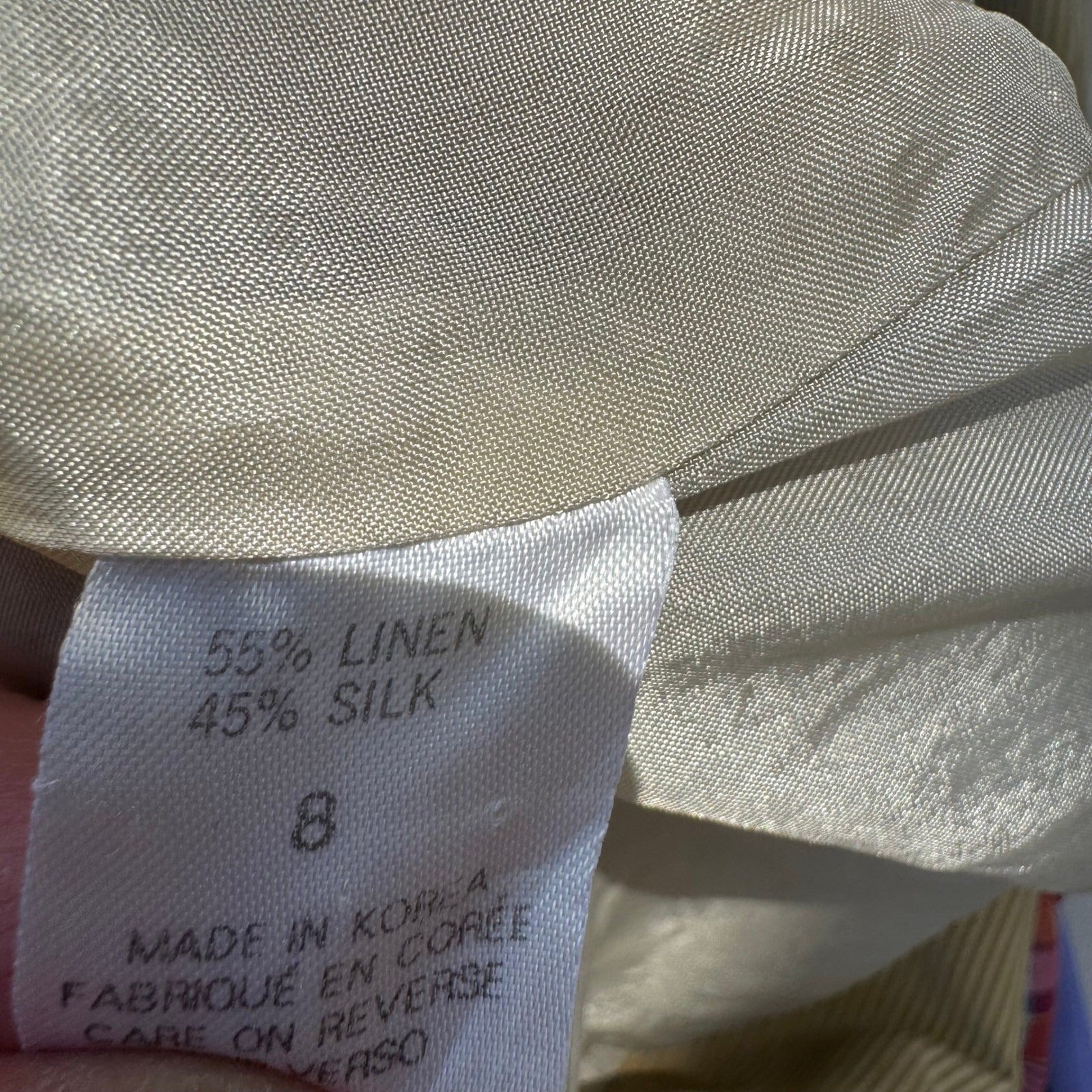 Tahari Vintage Tan Pinstripe Linen Silk Double Breasted Blazer Jacket Size 8