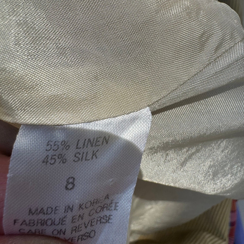 Tahari Vintage Tan Pinstripe Linen Silk Double Breasted Blazer Jacket Size 8