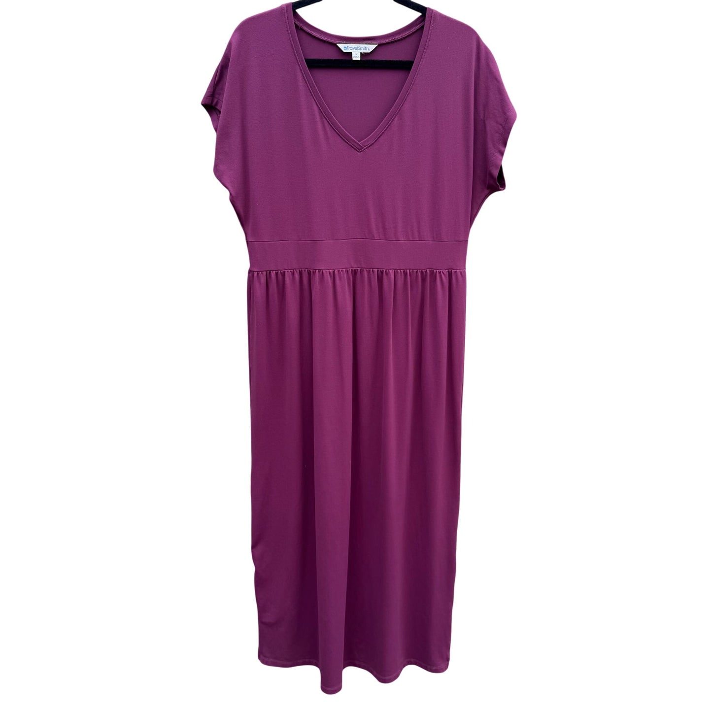 TravelSmith Womens Plum Short Sleeve V-Neck Empire Waist Midi Prairie Dress L