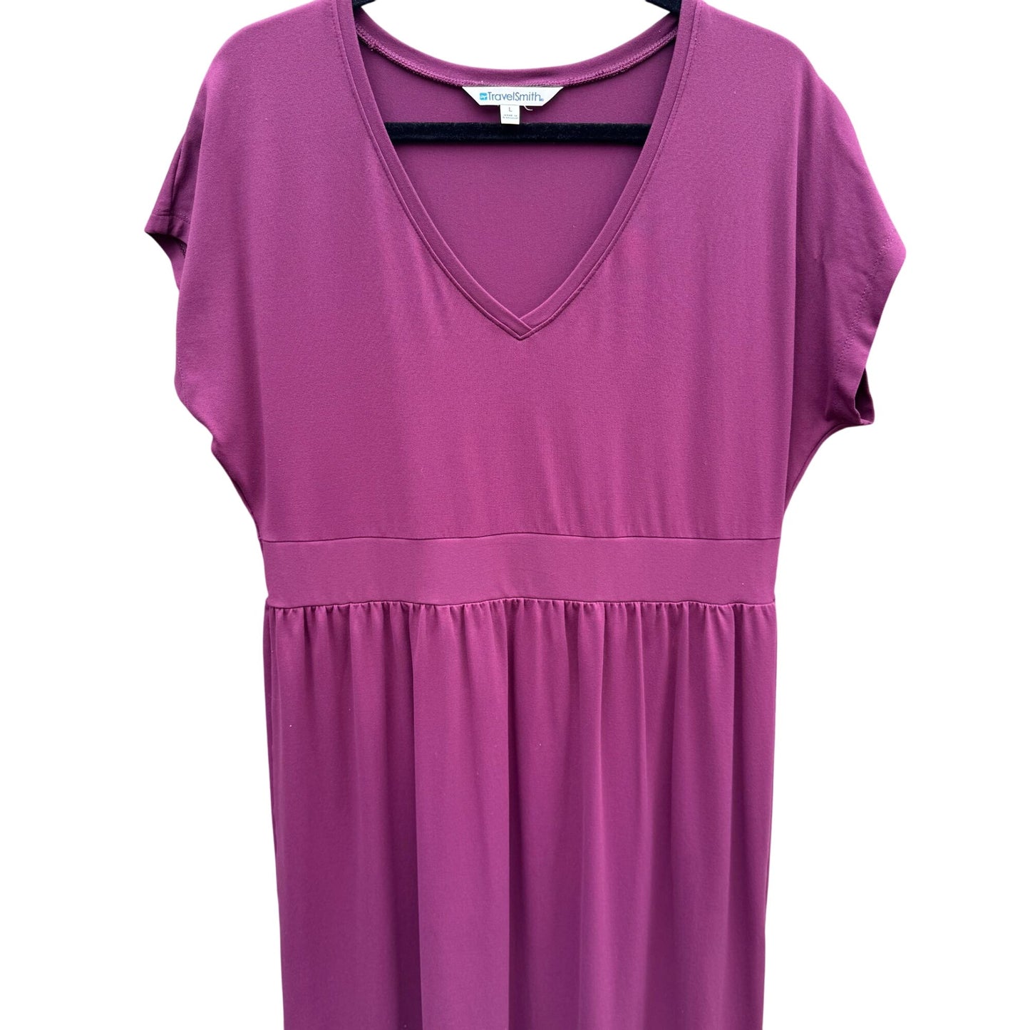 TravelSmith Womens Plum Short Sleeve V-Neck Empire Waist Midi Prairie Dress L
