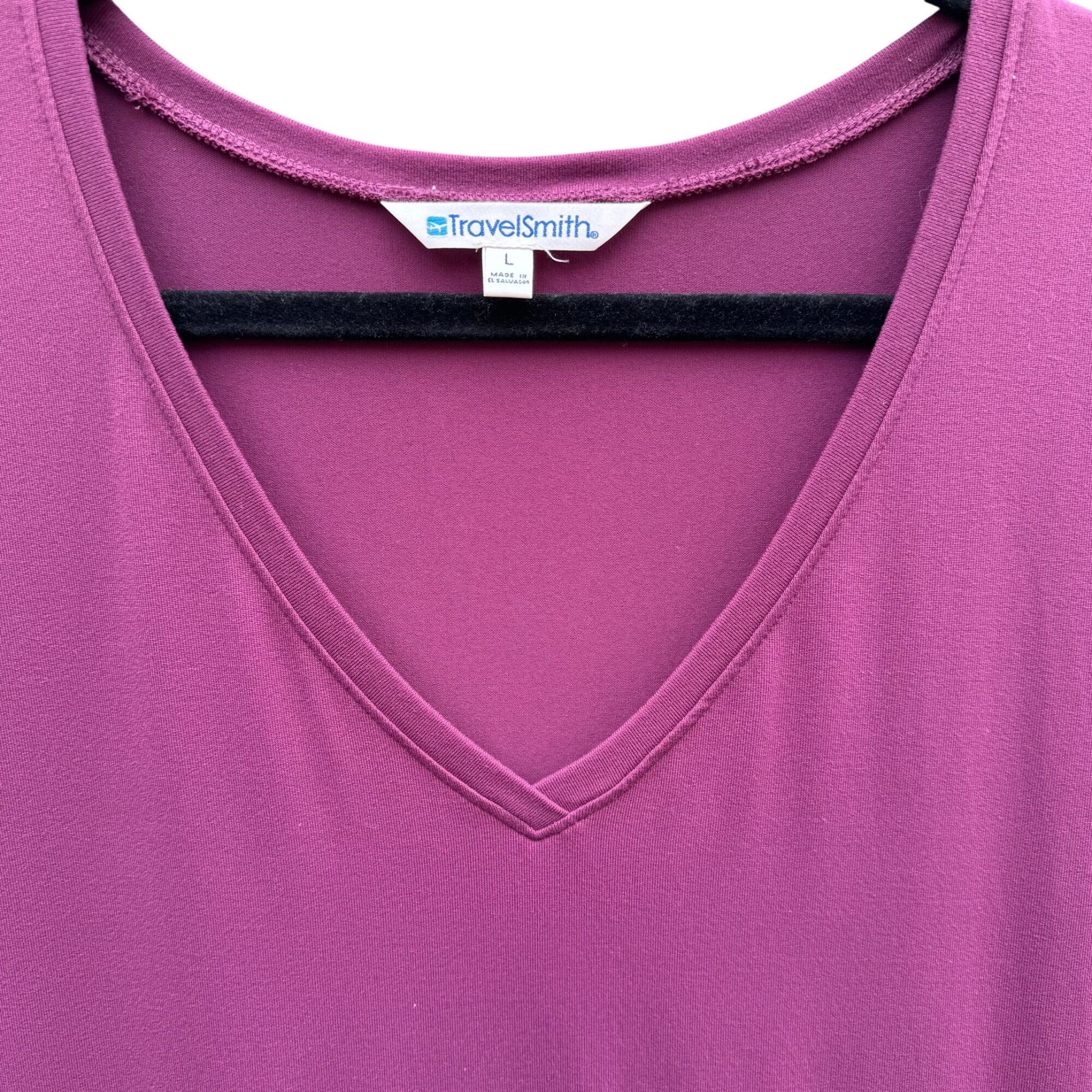 TravelSmith Womens Plum Short Sleeve V-Neck Empire Waist Midi Prairie Dress L