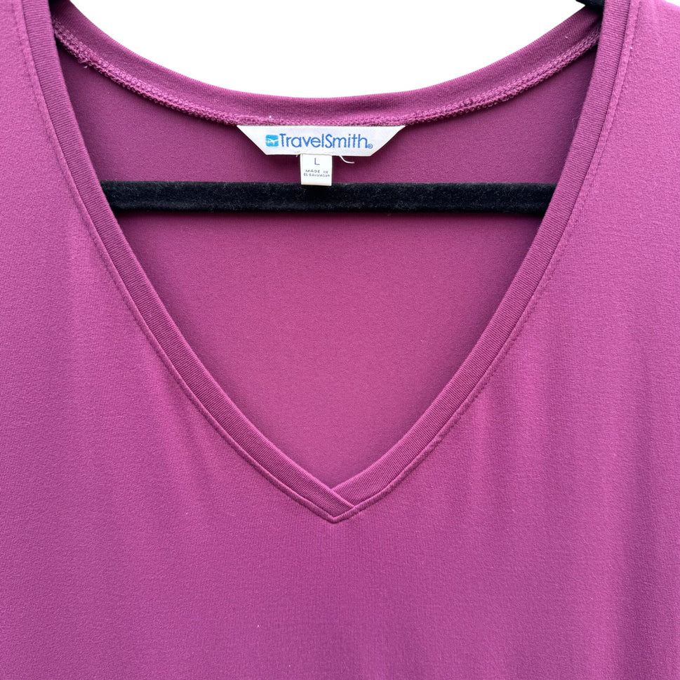 TravelSmith Womens Plum Short Sleeve V-Neck Empire Waist Midi Prairie Dress L