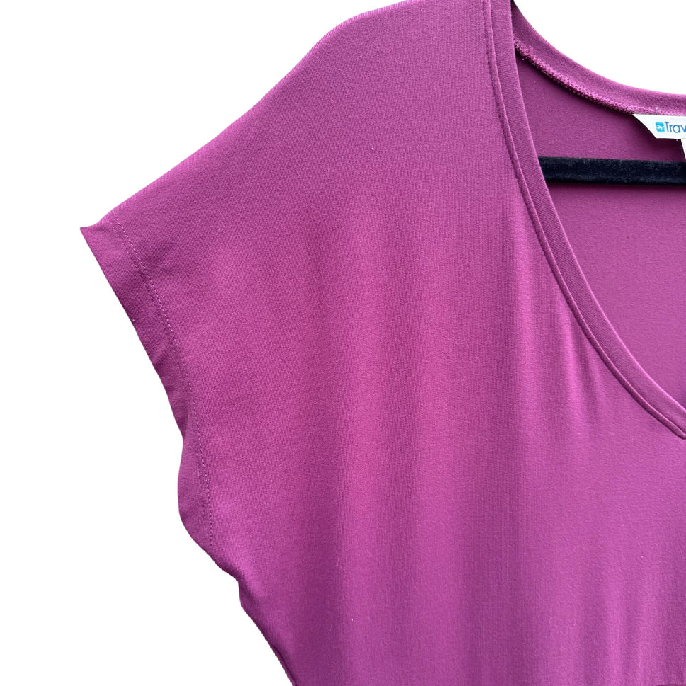 TravelSmith Womens Plum Short Sleeve V-Neck Empire Waist Midi Prairie Dress L