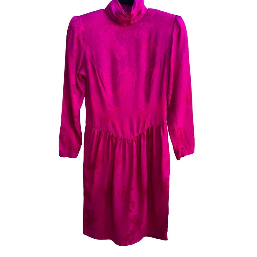 Silk Studio Vintage 80s Barbiecore Floral Jacquard Silk Mock Neck Dress Pink 4