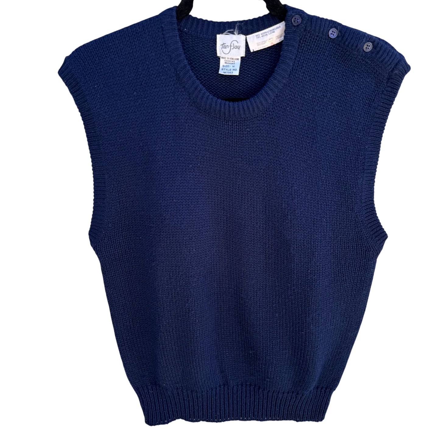 Tan F Jay Navy Blue Knit Sleeveless Button Shoulder Wool Blend Knit Sweater M